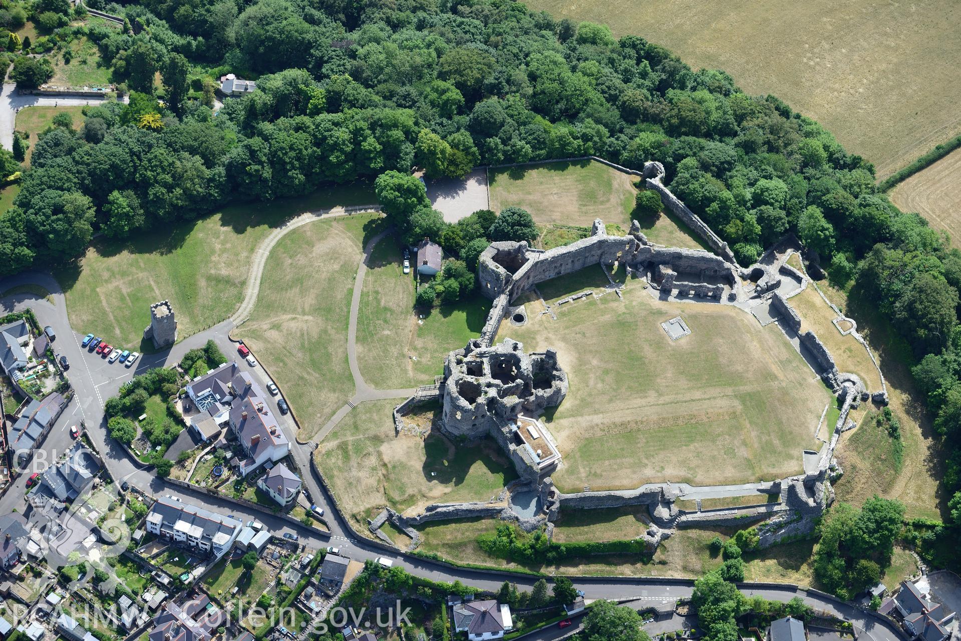 Royal Commission aerial photography of Denbigh Castle with extensive parchmarks taken on 19th July 2018 during the 2018 drought.