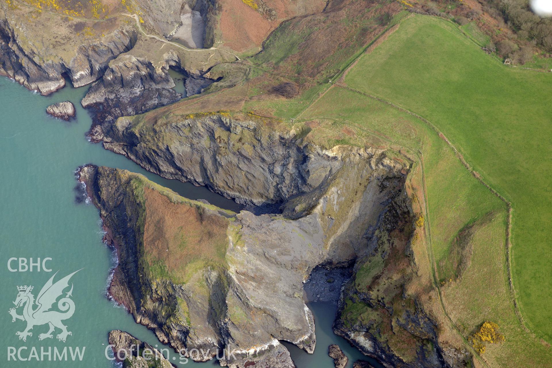 Aerial photography of Castell Treruffydd taken on 27th March 2017. Baseline aerial reconnaissance survey for the CHERISH Project. ? Crown: CHERISH PROJECT 2017. Produced with EU funds through the Ireland Wales Co-operation Programme 2014-2020. All material made freely available through the Open Government Licence.