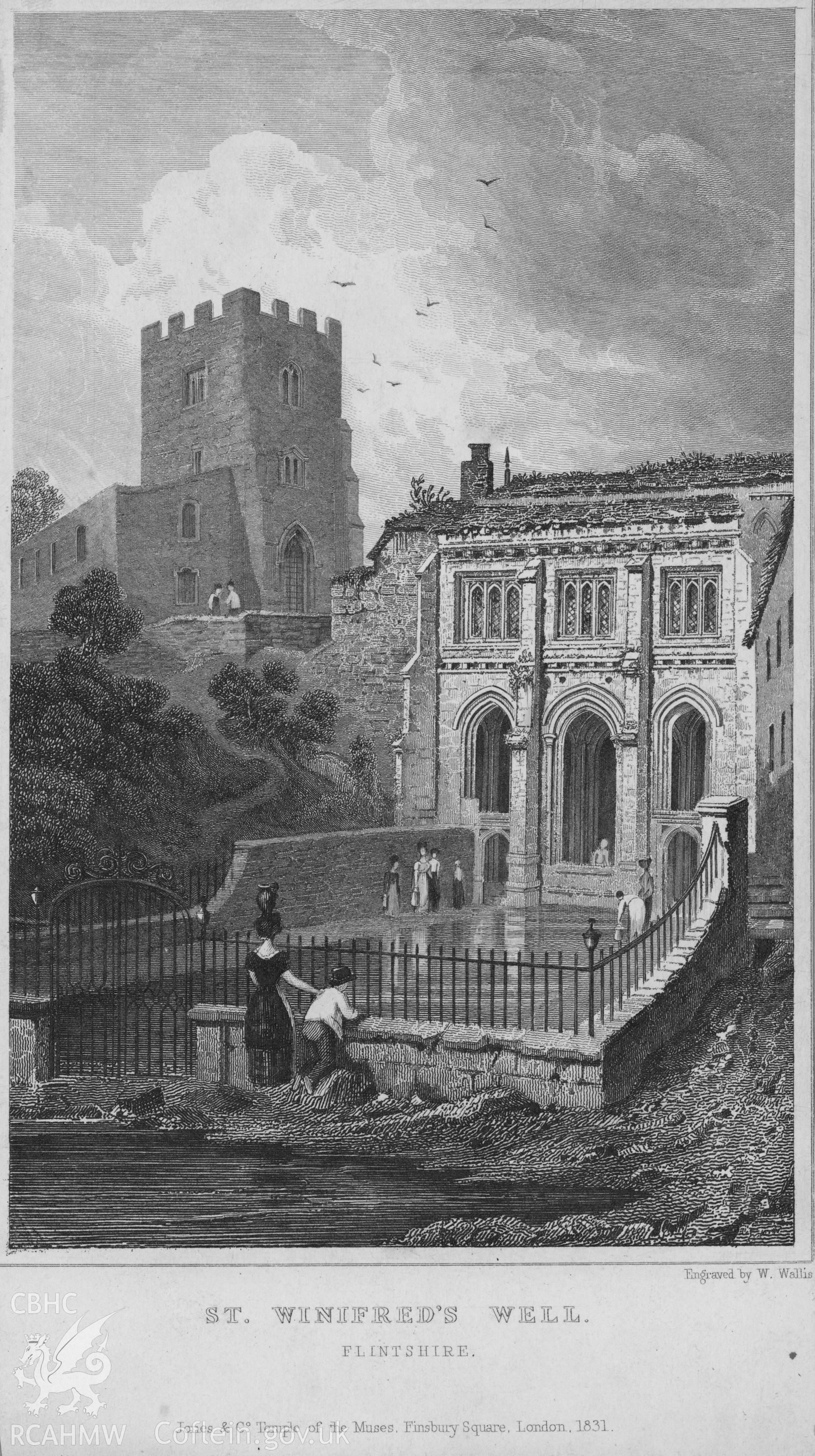 Digital copy of an etching showing St Winifrede's Well.