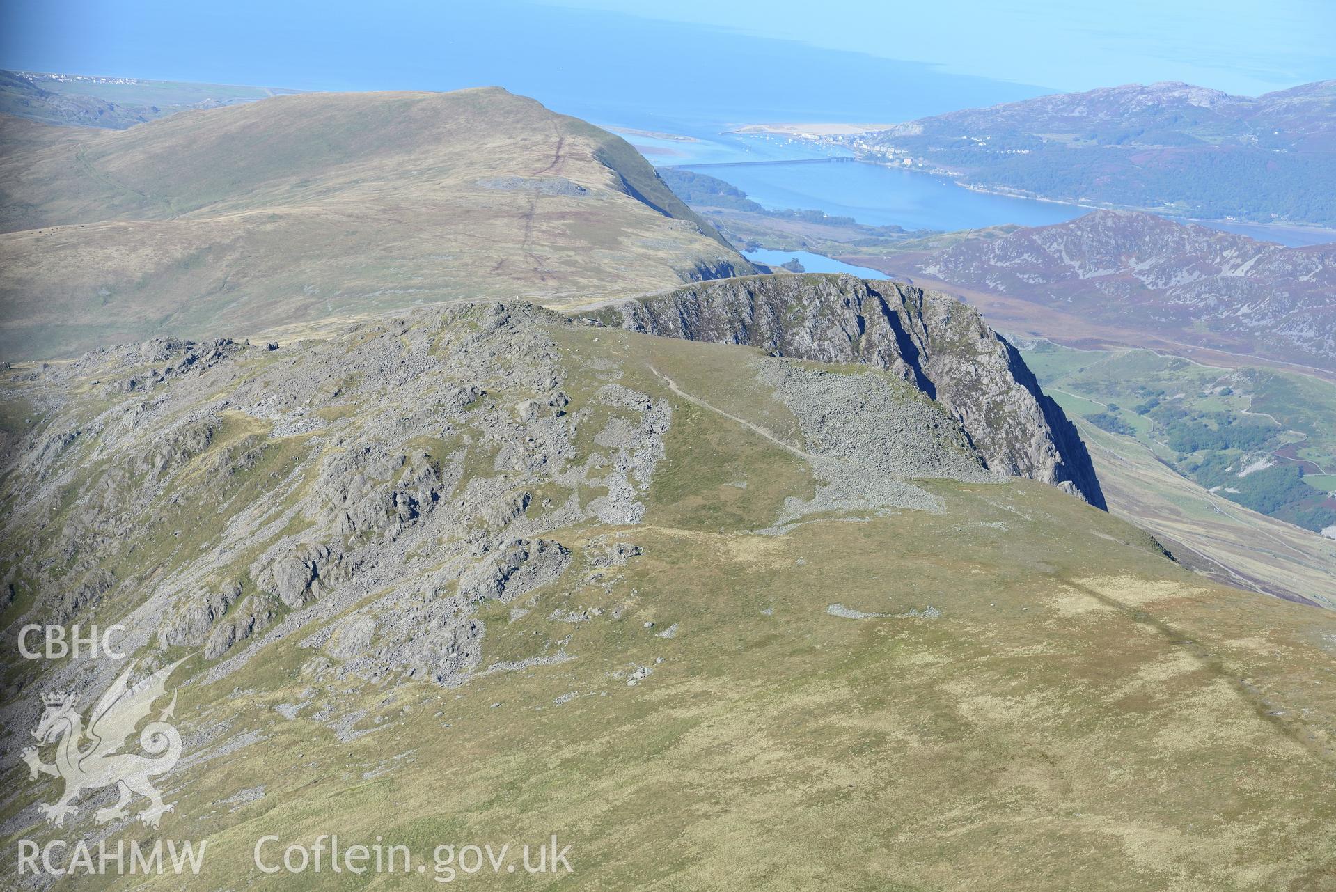 Penygadair - the summit of Cadair Idris. Oblique aerial photograph taken during the Royal Commission's programme of archaeological aerial reconnaissance by Toby Driver on 2nd October 2015.