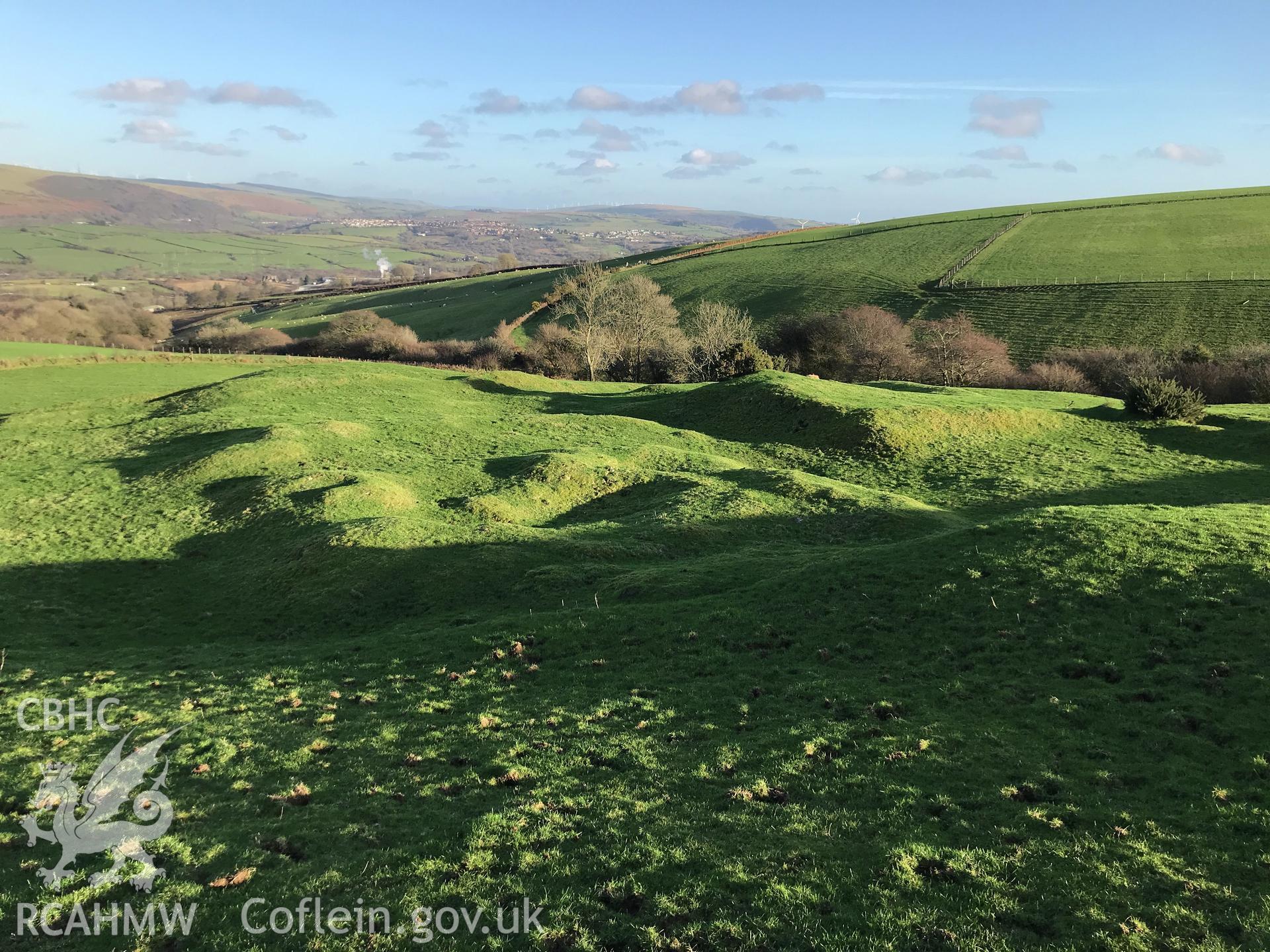 Digital colour photograph showing Maes-Cadlawr British fortified settlement, between Maesteg and Bridgend, taken by Paul Davis on 11th January 2020.