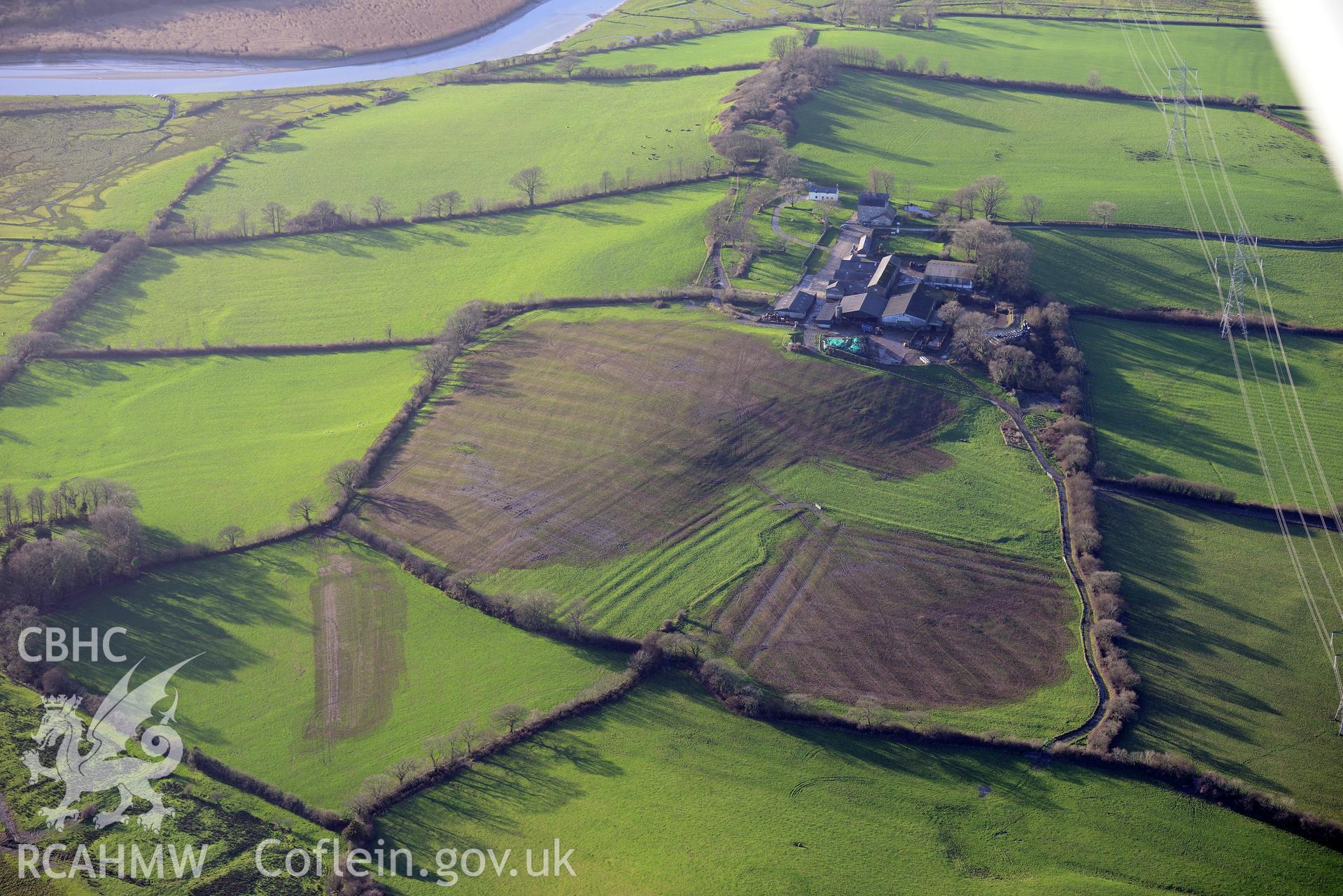 Castell Aber Taf or Castell Aber Carwy. Oblique aerial photograph taken during the Royal Commission's programme of archaeological aerial reconnaissance by Toby Driver on 6th January 2015.