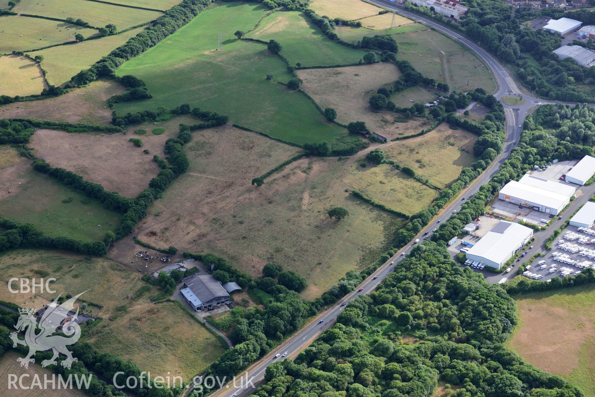 Royal Commission aerial photography of parchmarks at SN 539 016 to north of St Davids Pit taken on 17th July 2018 during the 2018 drought.