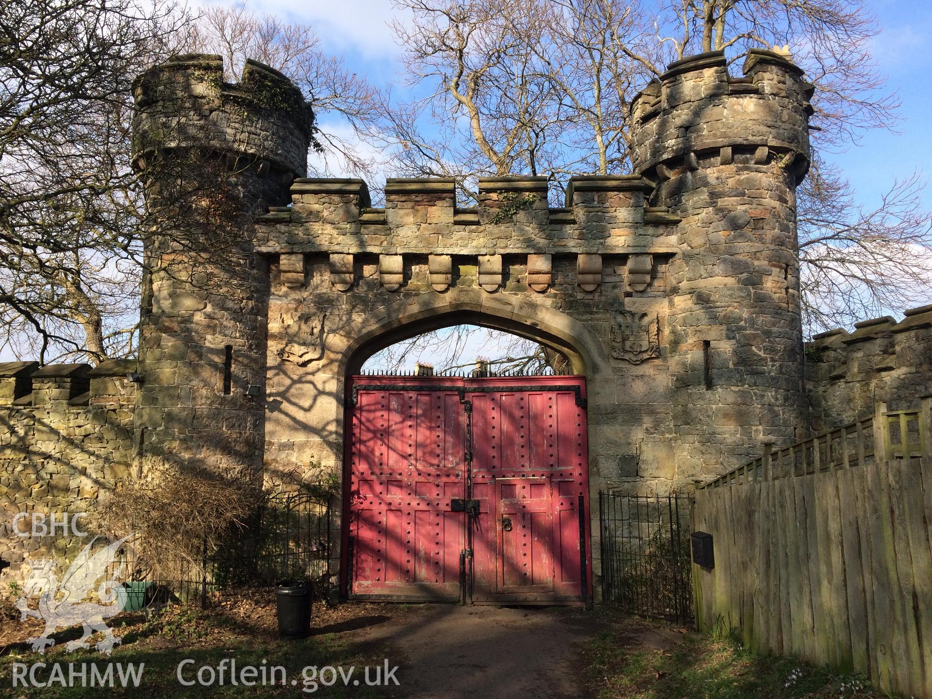 Colour photograph showing view of Hawarden Castle Park Gates, taken by Paul R. Davis, February 2018.