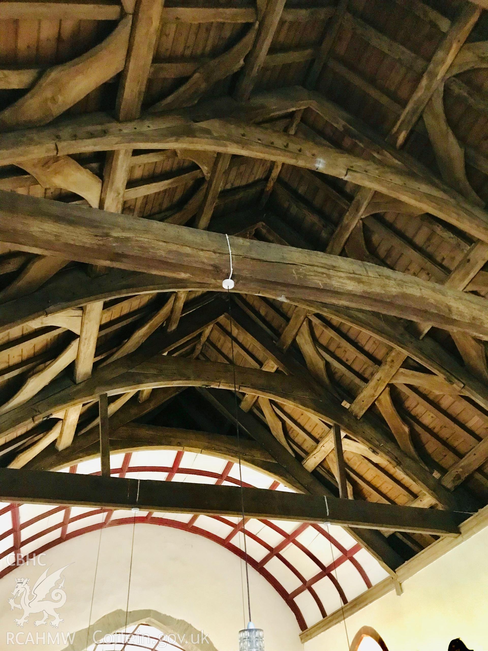 Colour photograph showing detailed view of wooden ceiling beams at St. David's church, Glascwm, taken by Paul R. Davis on 10th February 2019.