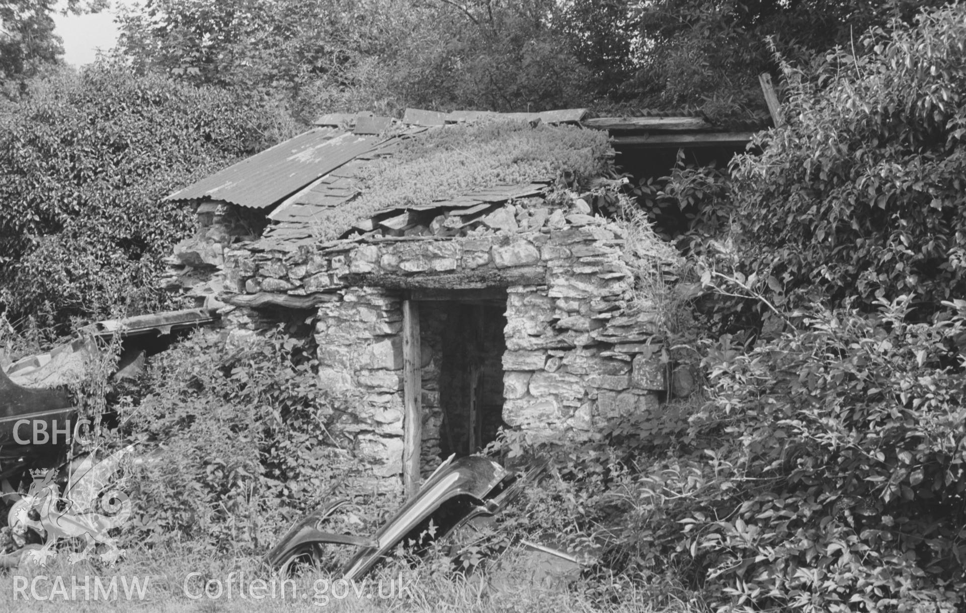 Digital copy of a black and white negative showing ruined smithy just south of Clettwr and east of the road in Tre'r-Ddol village, still containing bellows. Photographed by Arthur O. Chater on 17th August 1967, looking east from Grid Reference SN 660 922.