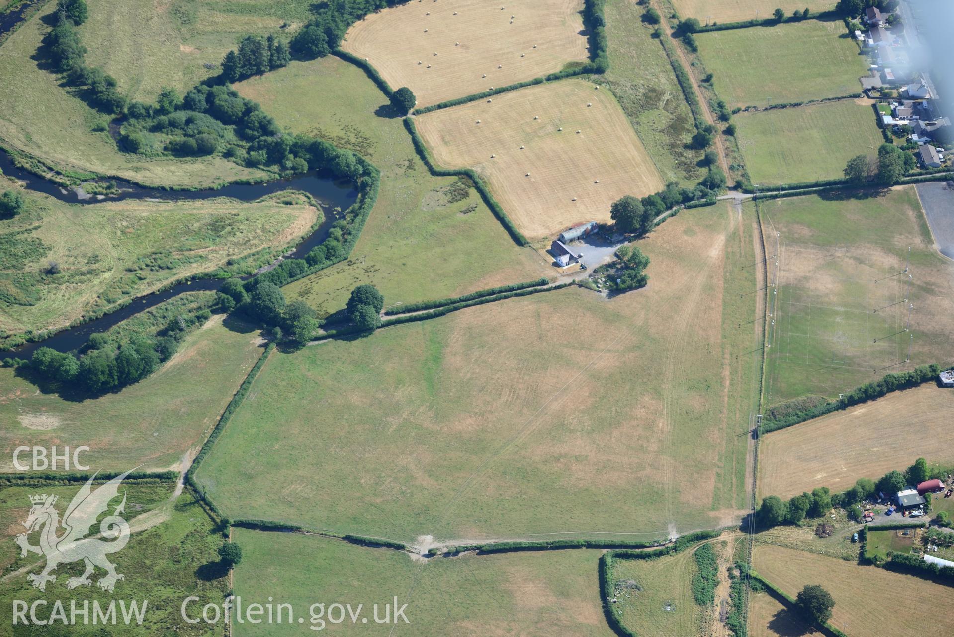 Royal Commission aerial photography of Beili Coch defended enclosure taken on 19th July 2018 during the 2018 drought.