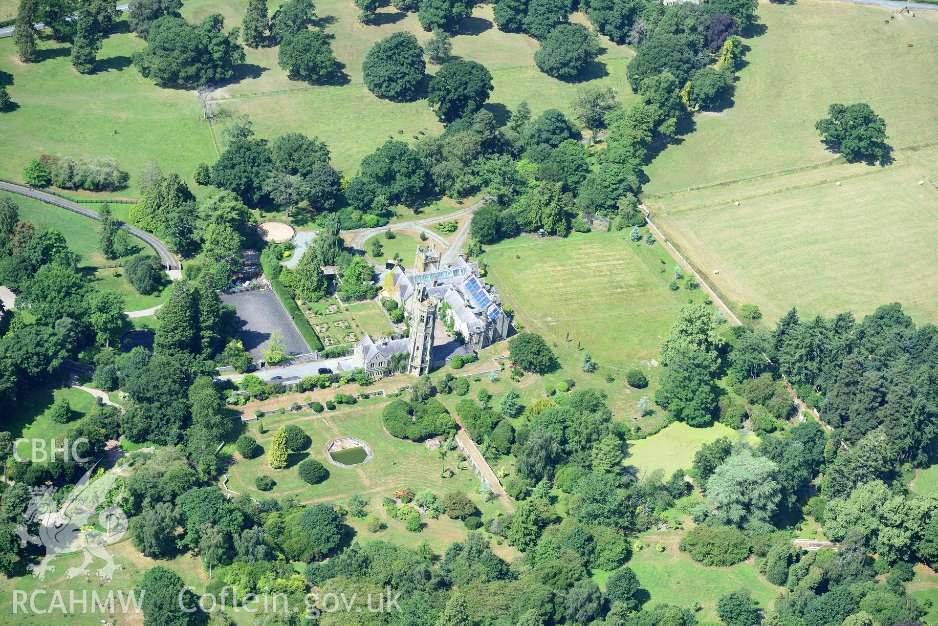 Royal Commission aerial photography of Leighton Hall and gardens taken on 19th July 2018 during the 2018 drought.