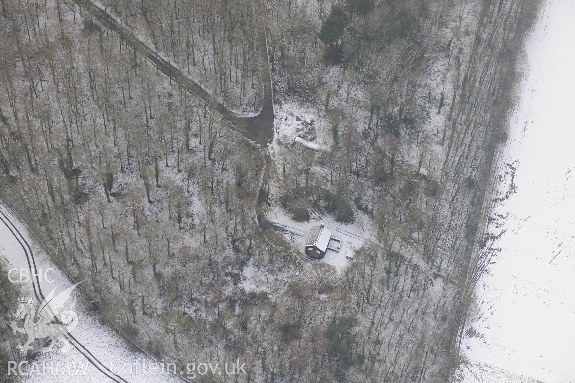 Garreg Fawr house, St Fagans Mueseum of Welsh Life. Oblique aerial photograph taken during the Royal Commission?s programme of archaeological aerial reconnaissance by Toby Driver on 24th January 2013.