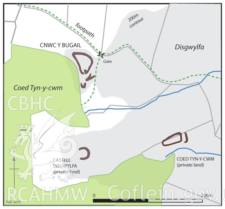 .tiff version of a map of the three Coed Tyn-y-Cwm forts which are closely spaced together on a series of prominent knolls and ridges separated by a valley to the north of Llanafan, Trawsgoed. Figure 7.17, The Hillforts of Cardigan Bay, Toby Driver.