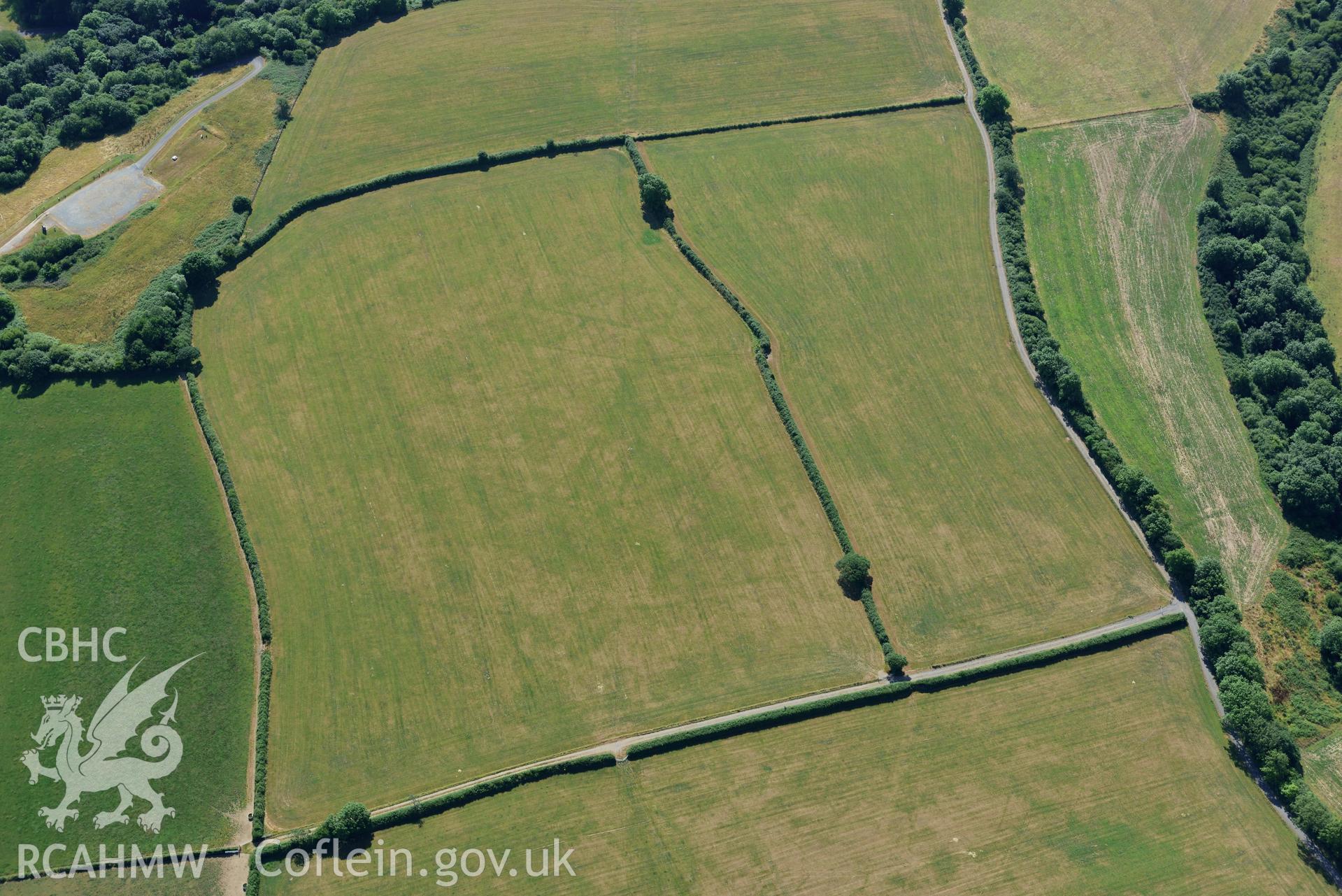 Royal Commission aerial photography of Walton wood or Llys y Fran Romano-British cropmark enclosures taken on 19th July 2018 during the 2018 drought.