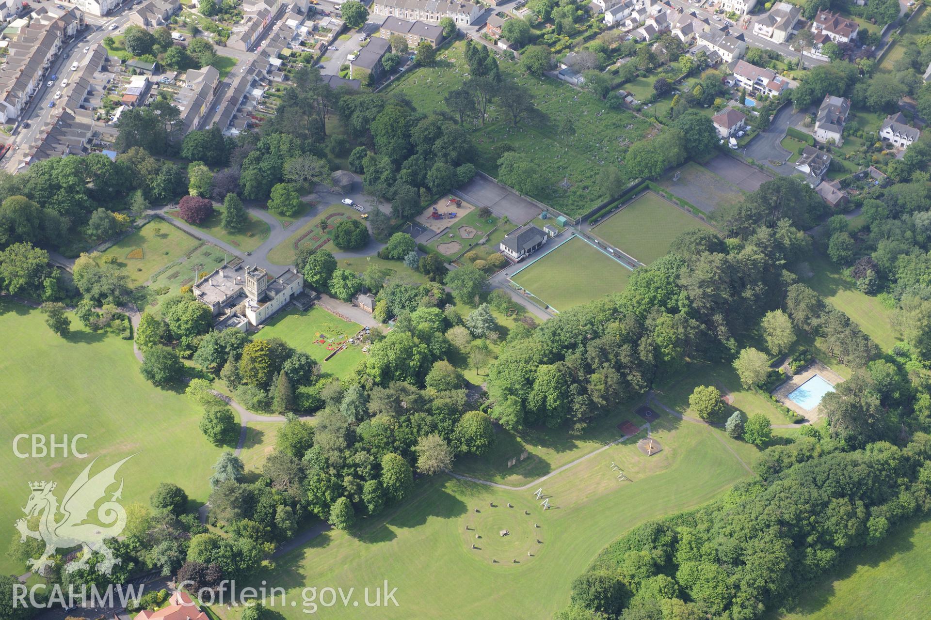 Bryncaerau Castle (now Parc Howard Museum); Parc Howard Gardens and the grounds and gardens of Bryncaerau, on the north western outskirts of Llanelli. Oblique aerial photograph taken during the Royal Commission's programme of archaeological aerial reconnaissance by Toby Driver on 19th June 2018