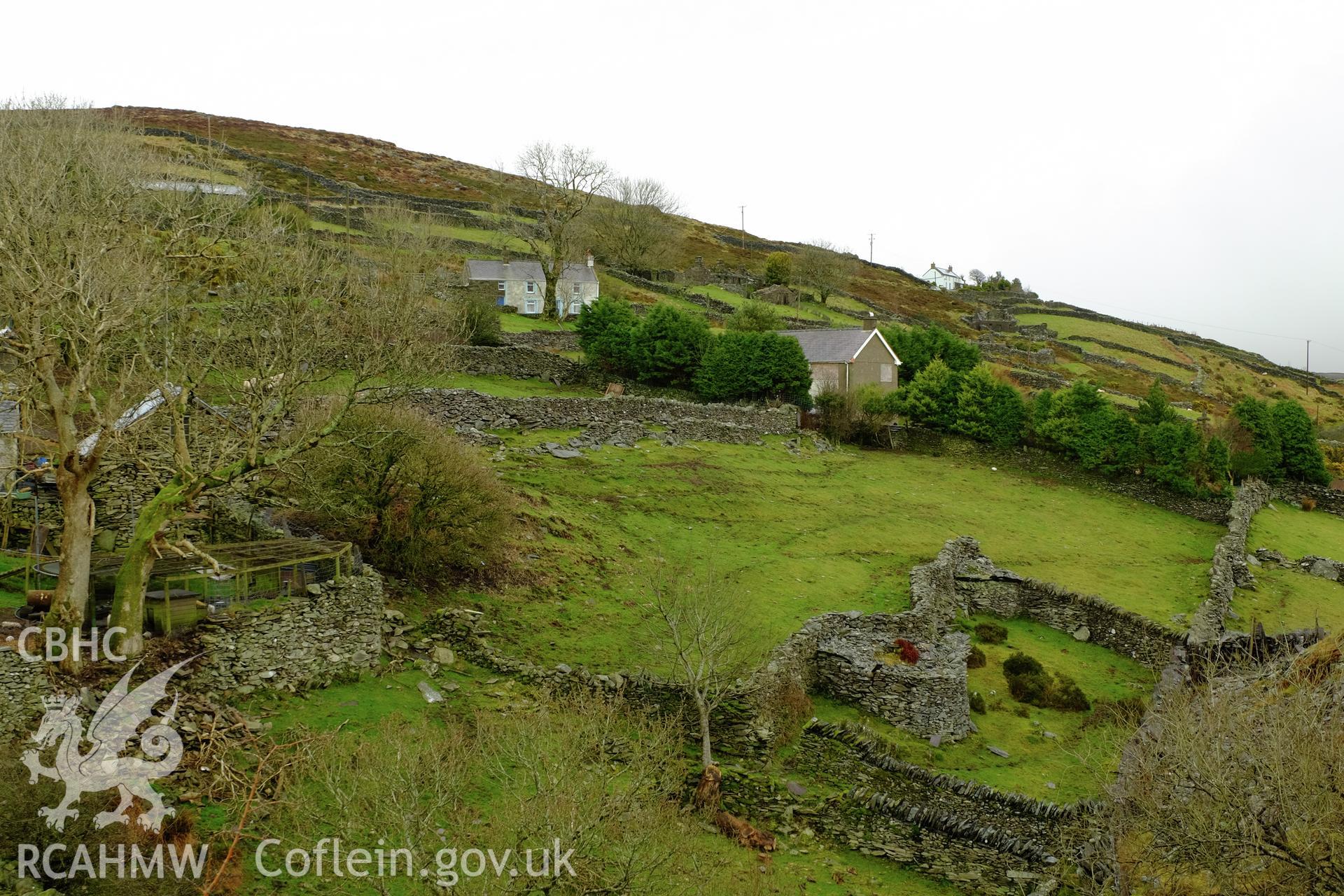 Colour photograph showing view looking north east at field walls and cottages in Cilgwyn, produced by Richard Hayman 21st February 2017