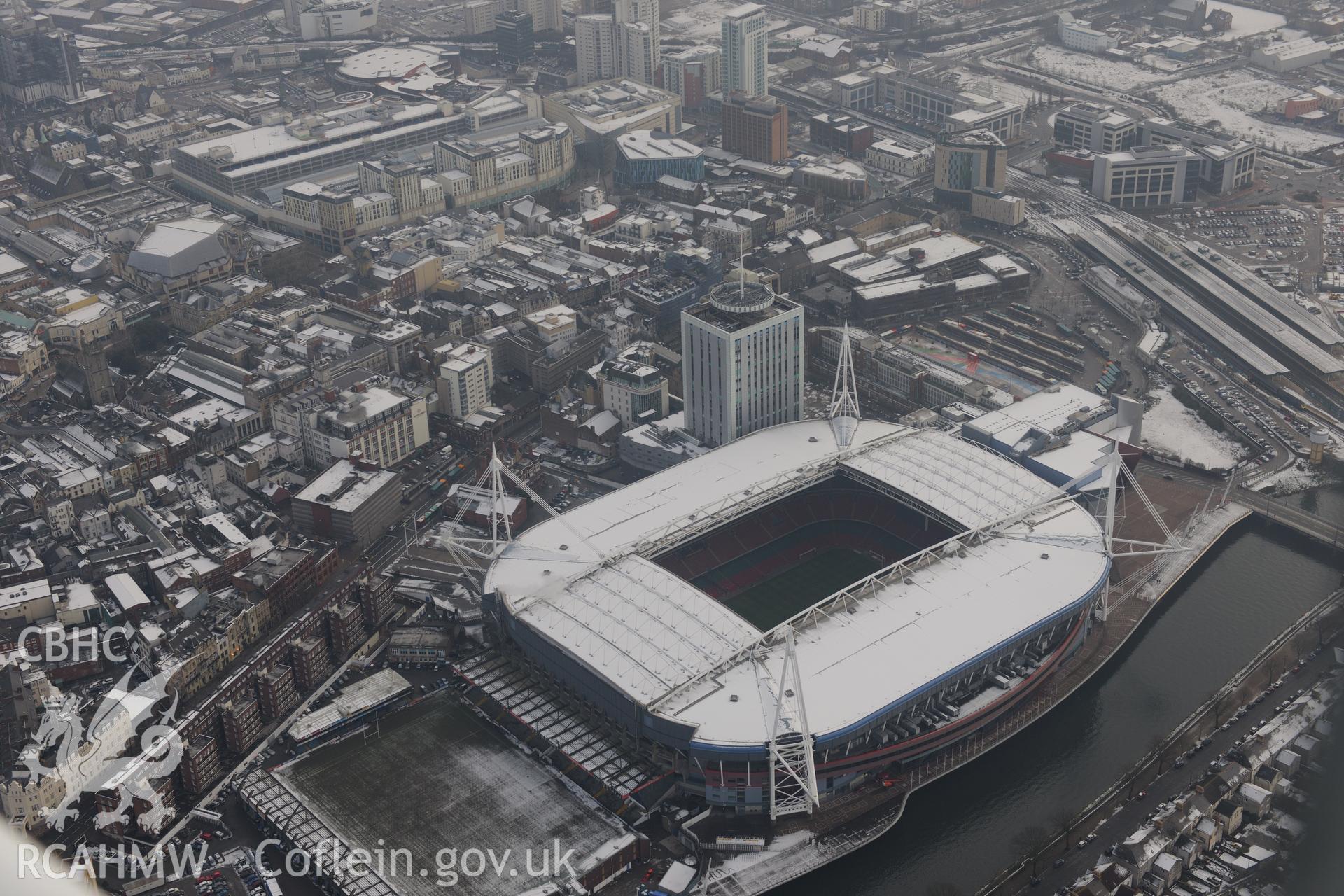 Cardiff Millennium Stadium, Cardiff Arms Park and Cardiff Central Railway Station, Cardiff. Oblique aerial photograph taken during the Royal Commission?s programme of archaeological aerial reconnaissance by Toby Driver on 24th January 2013.