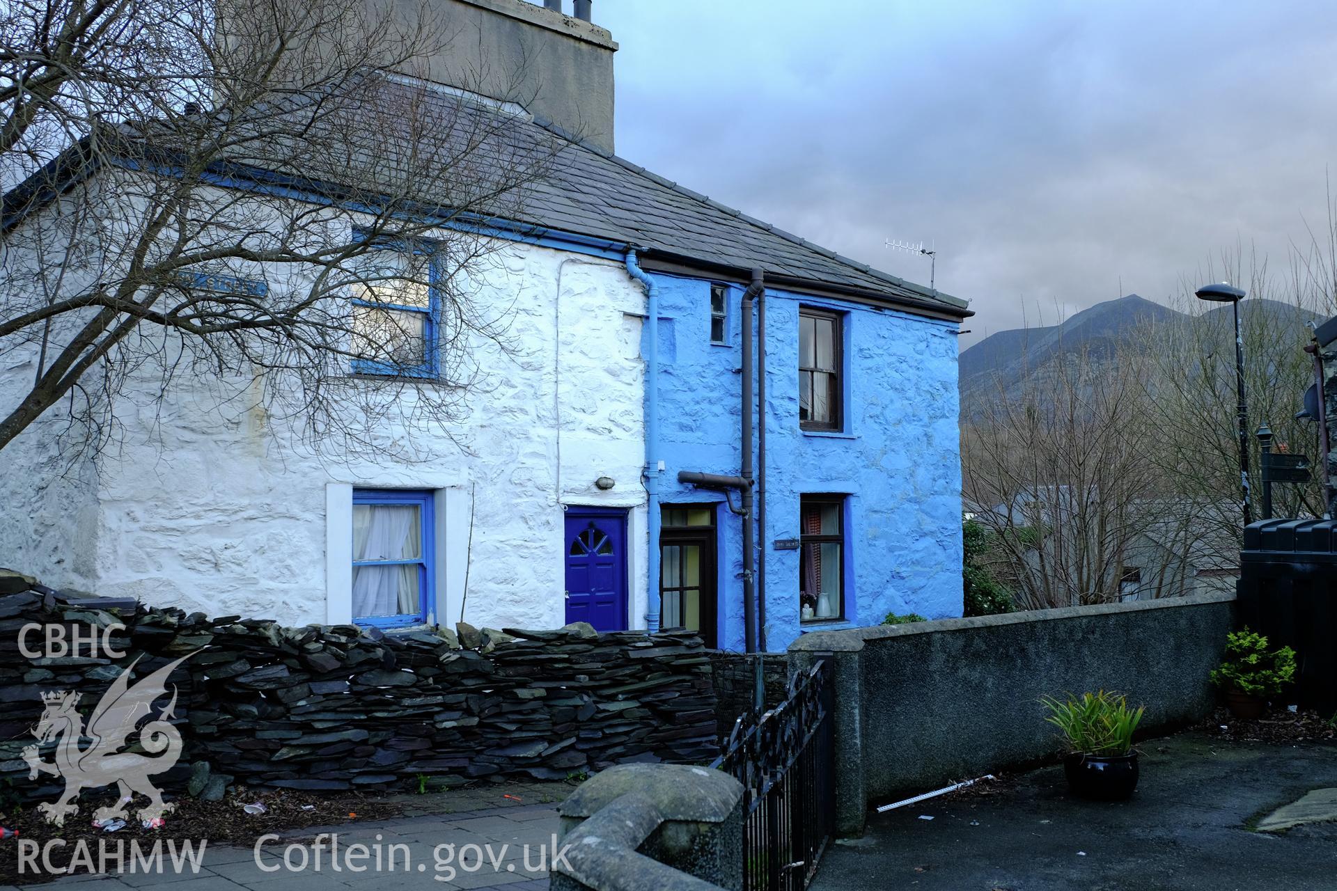 Colour photograph showing view looking east at 10-12 John Street, Bethesda, produced by Richard Hayman 2nd February 2017