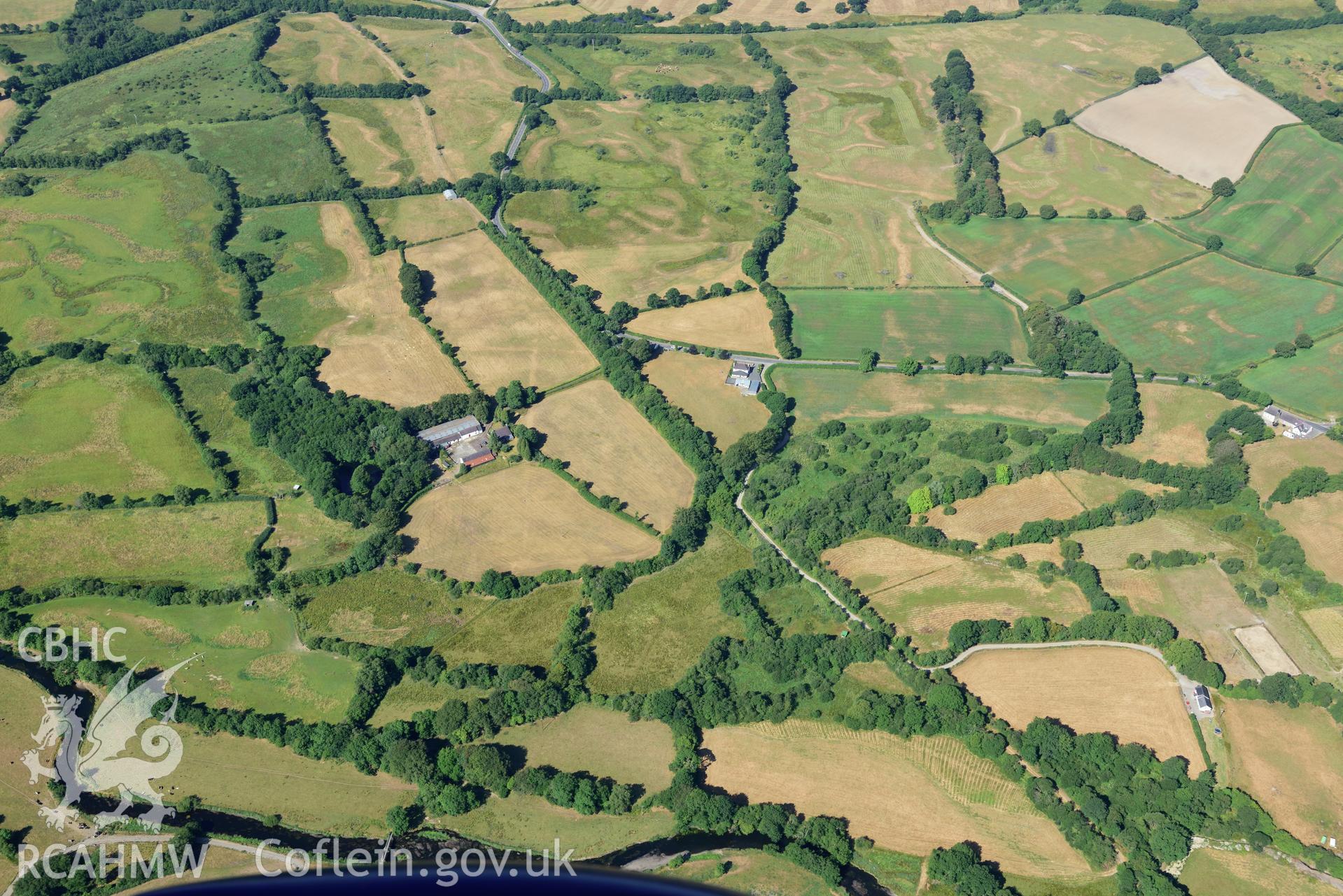 Royal Commission aerial photography of Llanio Roman fort and environs taken on 19th July 2018 during the 2018 drought.