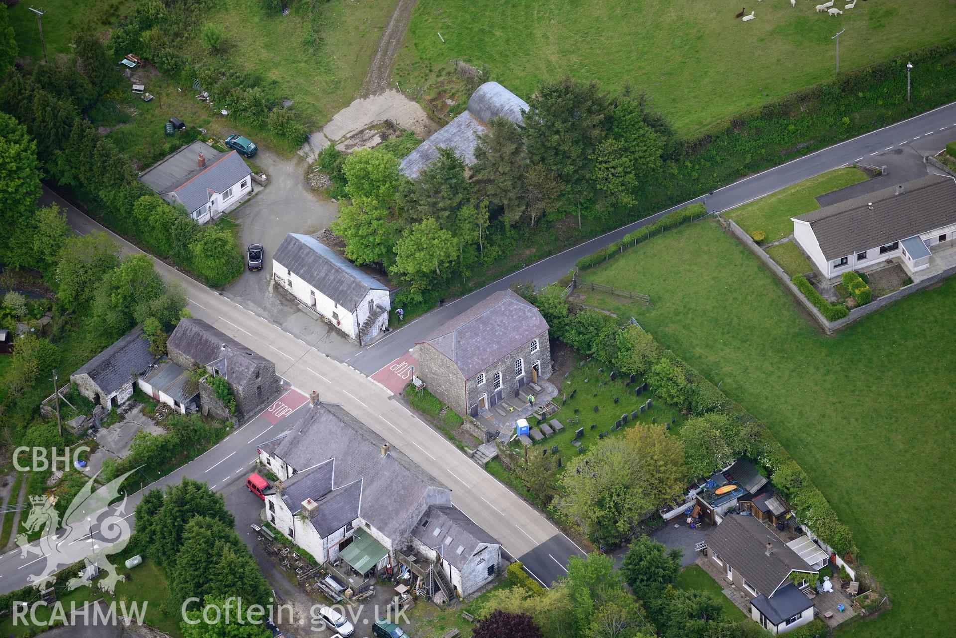 The village of Rhydowen, showing Yr Hen Gapel; Allyrodyn Arms and Alltyrodyn Arms pigsty and stable. Oblique aerial photograph taken during the Royal Commission's programme of archaeological aerial reconnaissance by Toby Driver on 3rd June 2015.