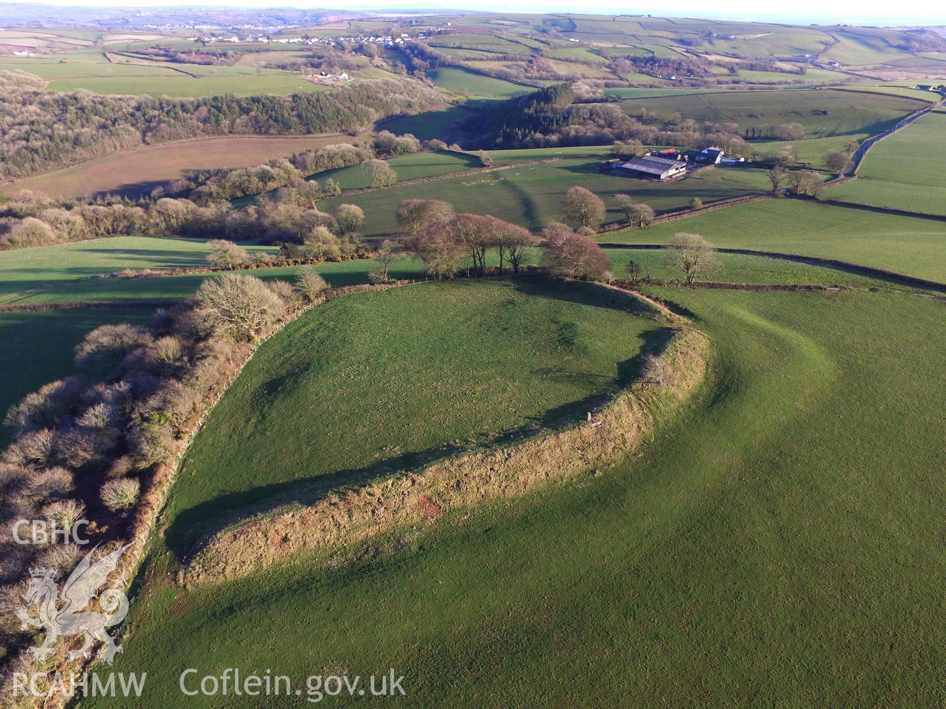 Colour photo showing view of Castell Cogan taken by Paul R. Davis, 2018.