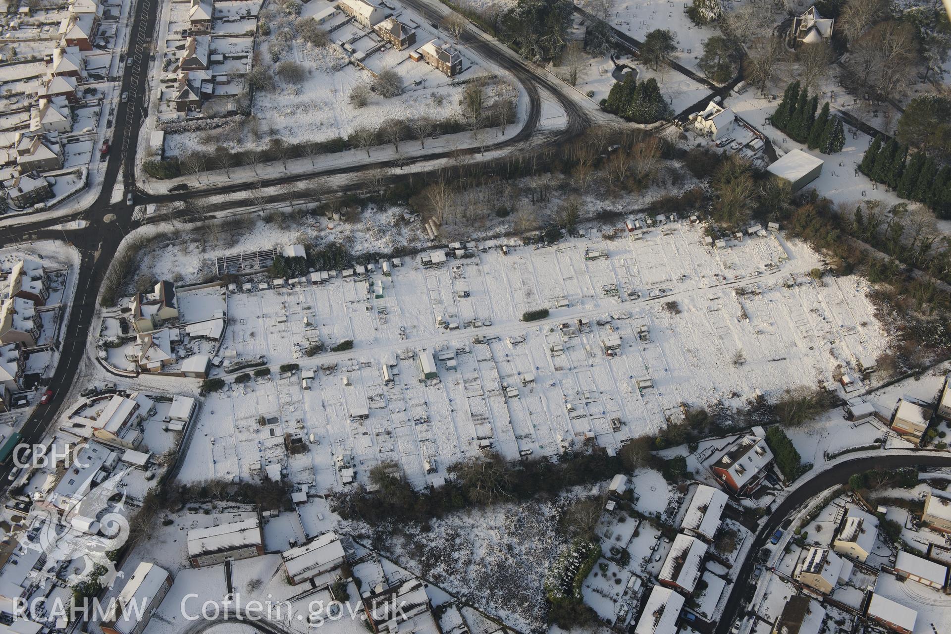 Cemetery Road allotments, Barry. Oblique aerial photograph taken during the Royal Commission?s programme of archaeological aerial reconnaissance by Toby Driver on 24th January 2013.