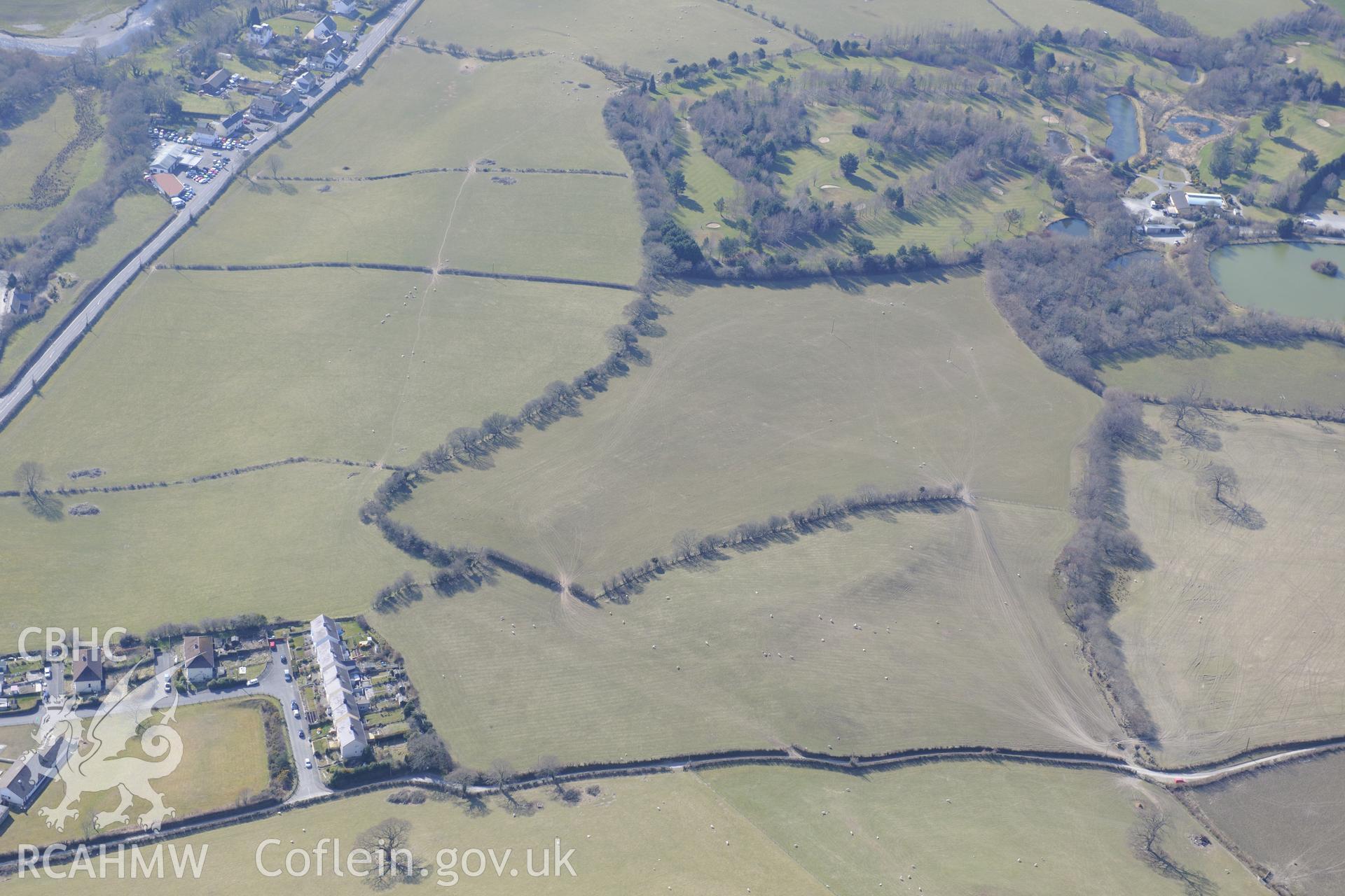 Pen-Llwyn Roman fort, Capel Bangor, east of Aberystwyth. Oblique aerial photograph taken during the Royal Commission's programme of archaeological aerial reconnaissance by Toby Driver on 2nd April 2013.