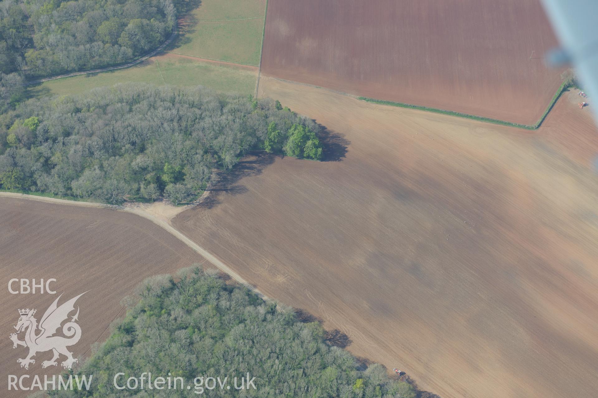 Soilmark enclosures near Nutstalks Wood. Oblique aerial photograph taken during the Royal Commission's programme of archaeological aerial reconnaissance by Toby Driver on 21st April 2015.