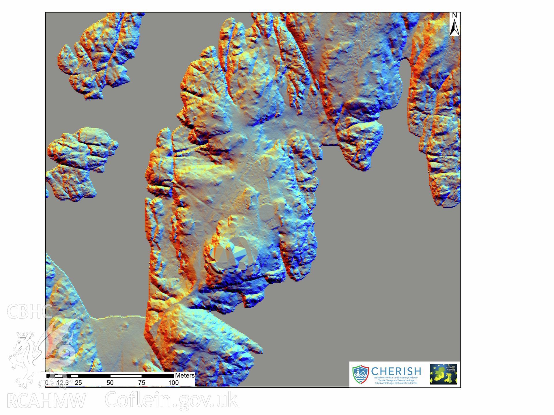 Ynysoedd y Moelrhoniaid (The Skerries Islet). Airborne laser scanning (LiDAR) commissioned by the CHERISH Project 2017-2021, flown by Bluesky International LTD at low tide on the 24th of February 2017. View showing the central area of Skerries Islet with