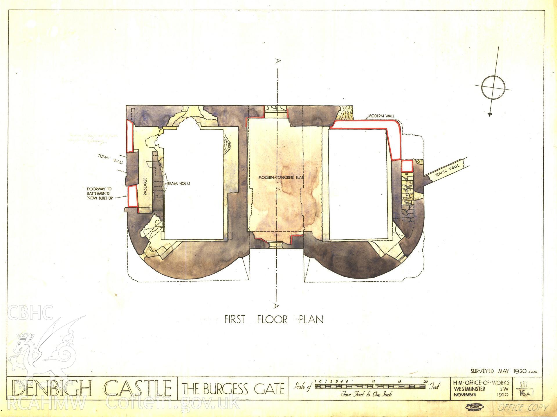 Cadw guardianship monument drawing of Denbigh Town Walls. Burgess gate, upper plan. Cadw Ref. No:111/16A1. Scale 1:48.