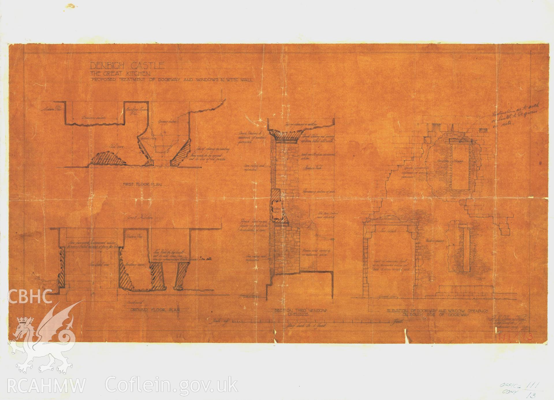 Cadw guardianship monument drawing of Denbigh Castle. Kitchen T, openings remade. Cadw Ref. No:111/13. Scale 1:24.