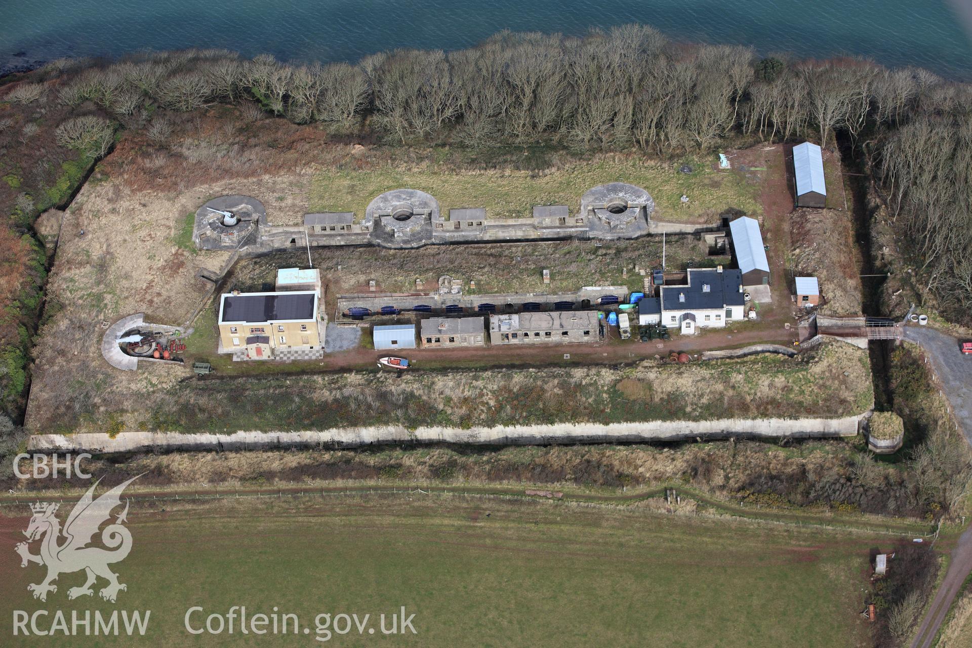 RCAHMW colour oblique aerial photograph of Chapel Bay Fort. Taken on 02 March 2010 by Toby Driver