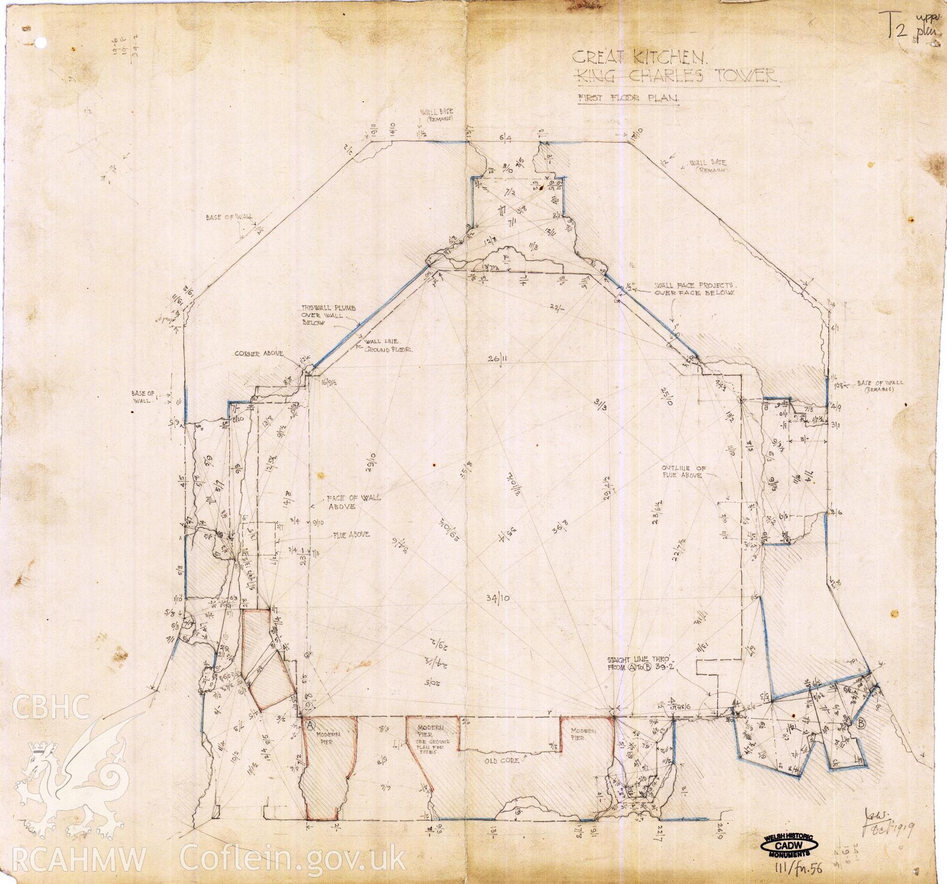 Cadw guardianship monument drawing of Denbigh Castle. T2, upper plan. Cadw Ref. No:111/fn.56. No scale.