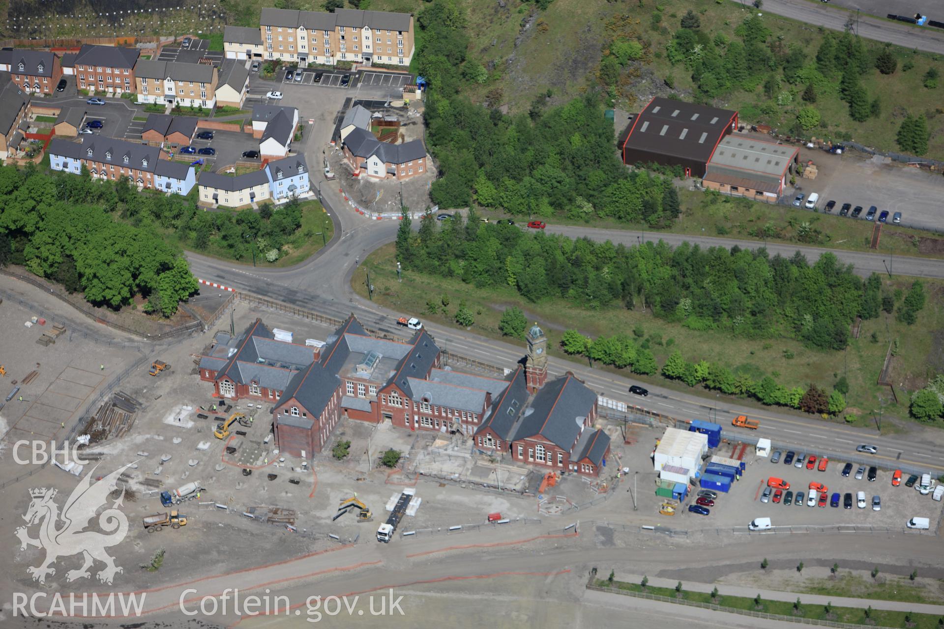 RCAHMW colour oblique photograph of The General Office Building, former steel works site, Ebbw Vale. Taken by Toby Driver on 24/05/2010.