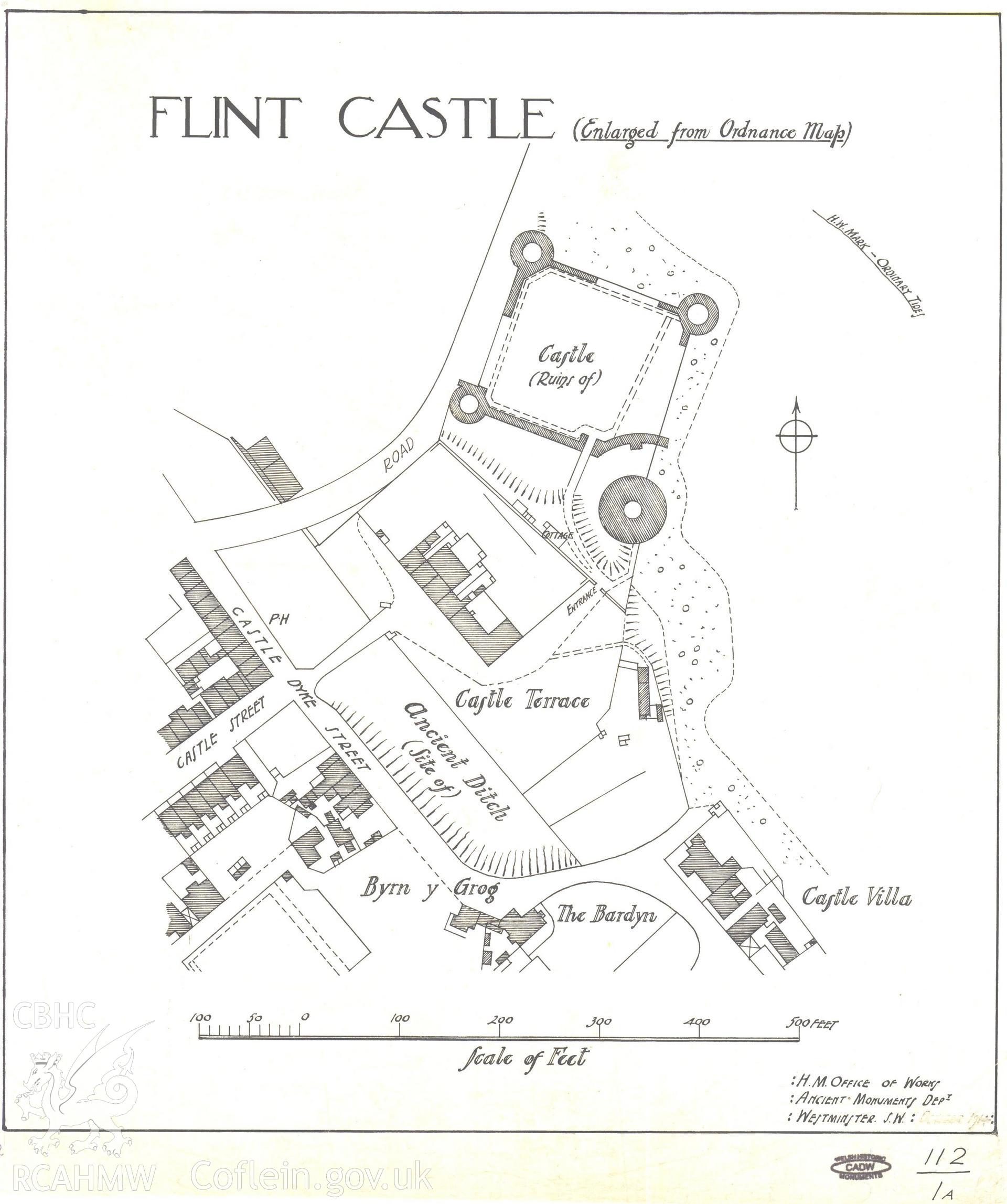 Cadw guardianship monument drawing of Flint Castle. Deed plan, blank. Cadw Ref. No:112/1A. Scale 1:840.