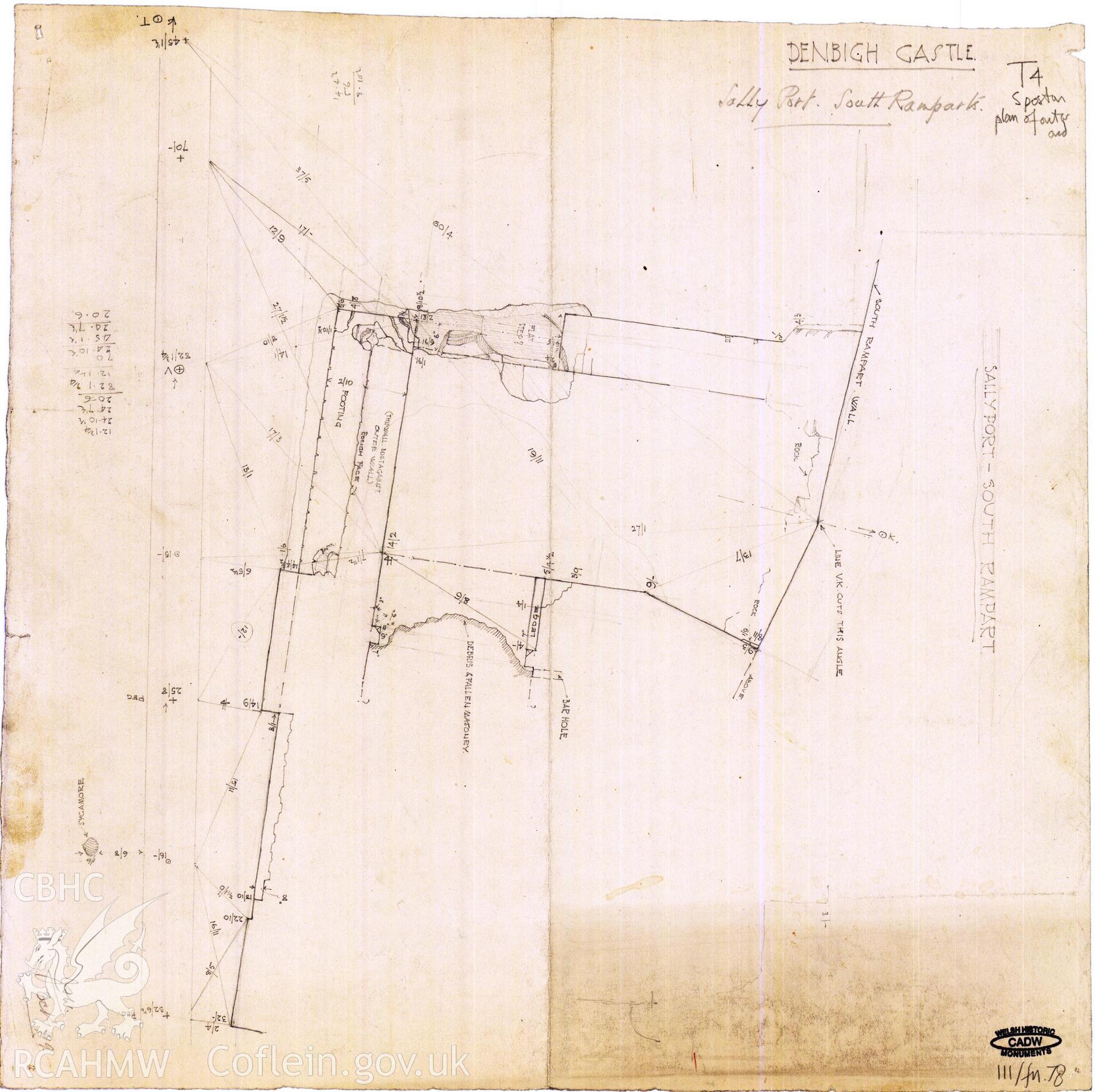 Cadw guardianship monument drawing of Denbigh Castle. T4, plan of S postern, lower part. Cadw Ref. No:111/fn.78. No scale.