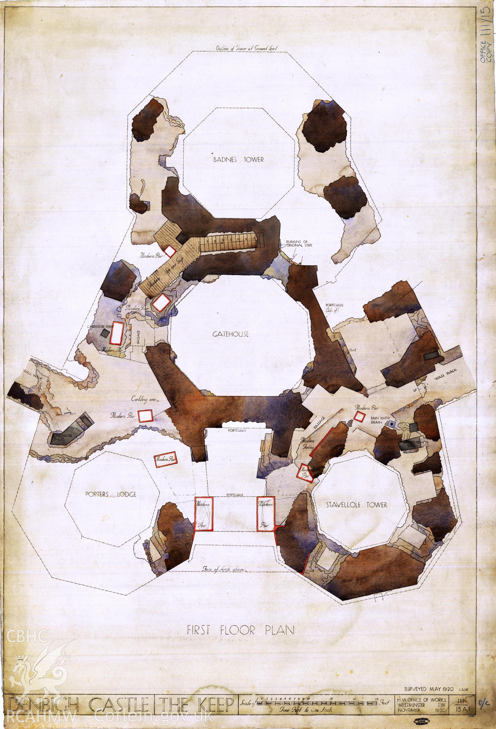 Cadw guardianship monument drawing of Denbigh Castle. T1, upper plan (tinted). Cadw Ref. No:111/15A1. Scale 1:48.