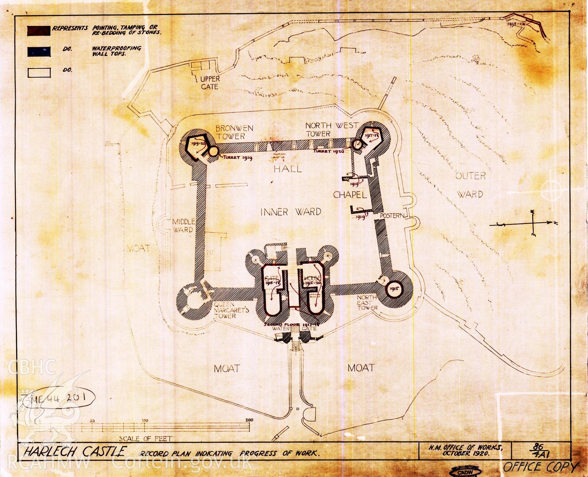 Cadw guardianship monument drawing of Harlech Castle. Progress of work, 1915 - 1920. Cadw Ref. No:86/4A1. Scale 1:432.