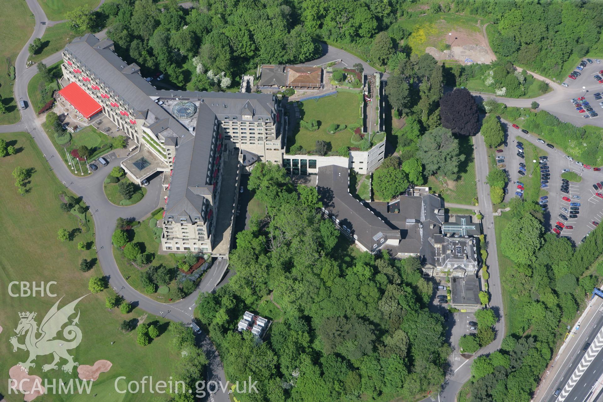 RCAHMW colour oblique photograph of Coldra House (Celtic Manor). Taken by Toby Driver on 24/05/2010.