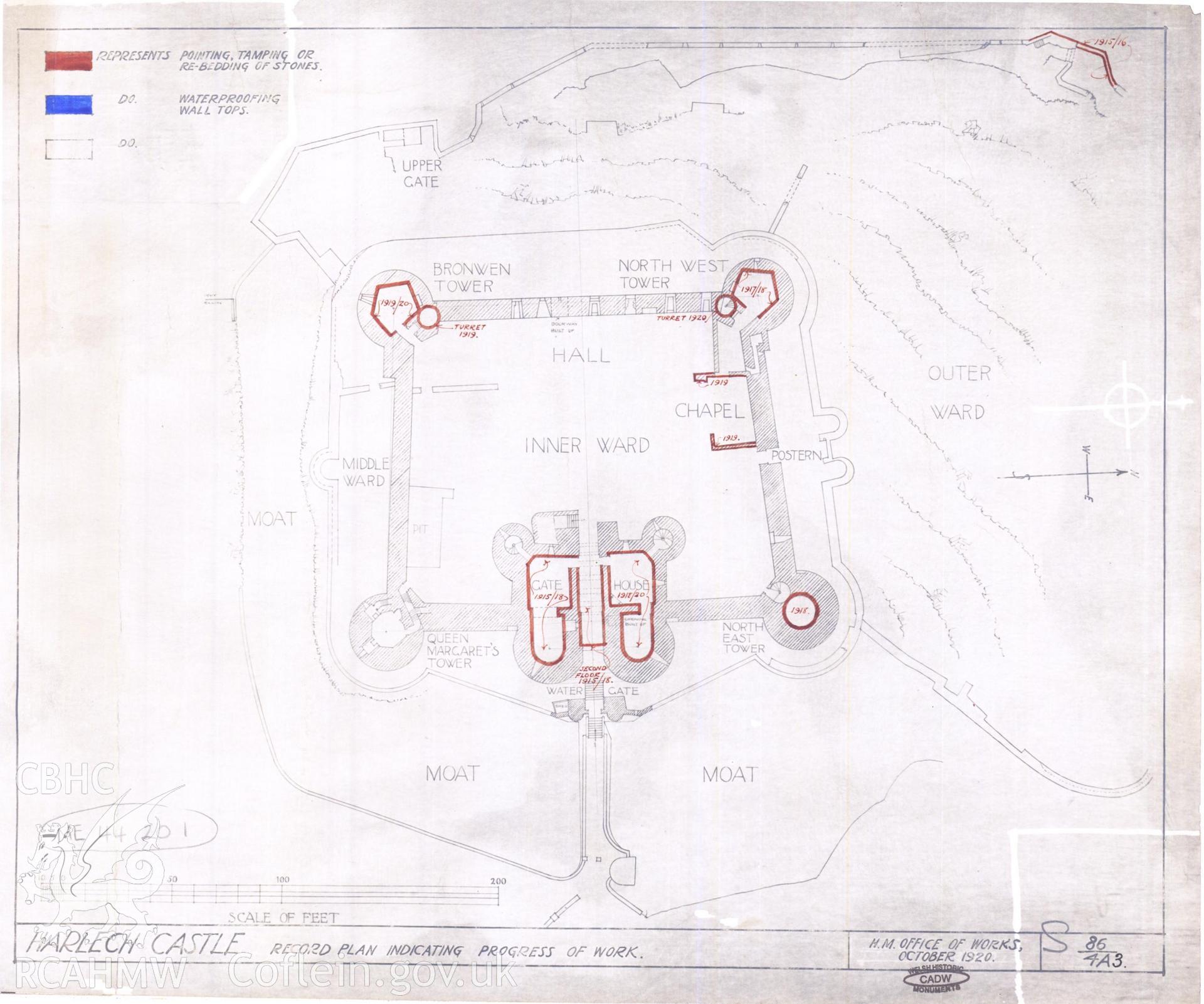 Cadw guardianship monument drawing of Harlech Castle. Progress of work, 1915 - 1920. Cadw Ref. No:86/4A3. Scale 1:432.