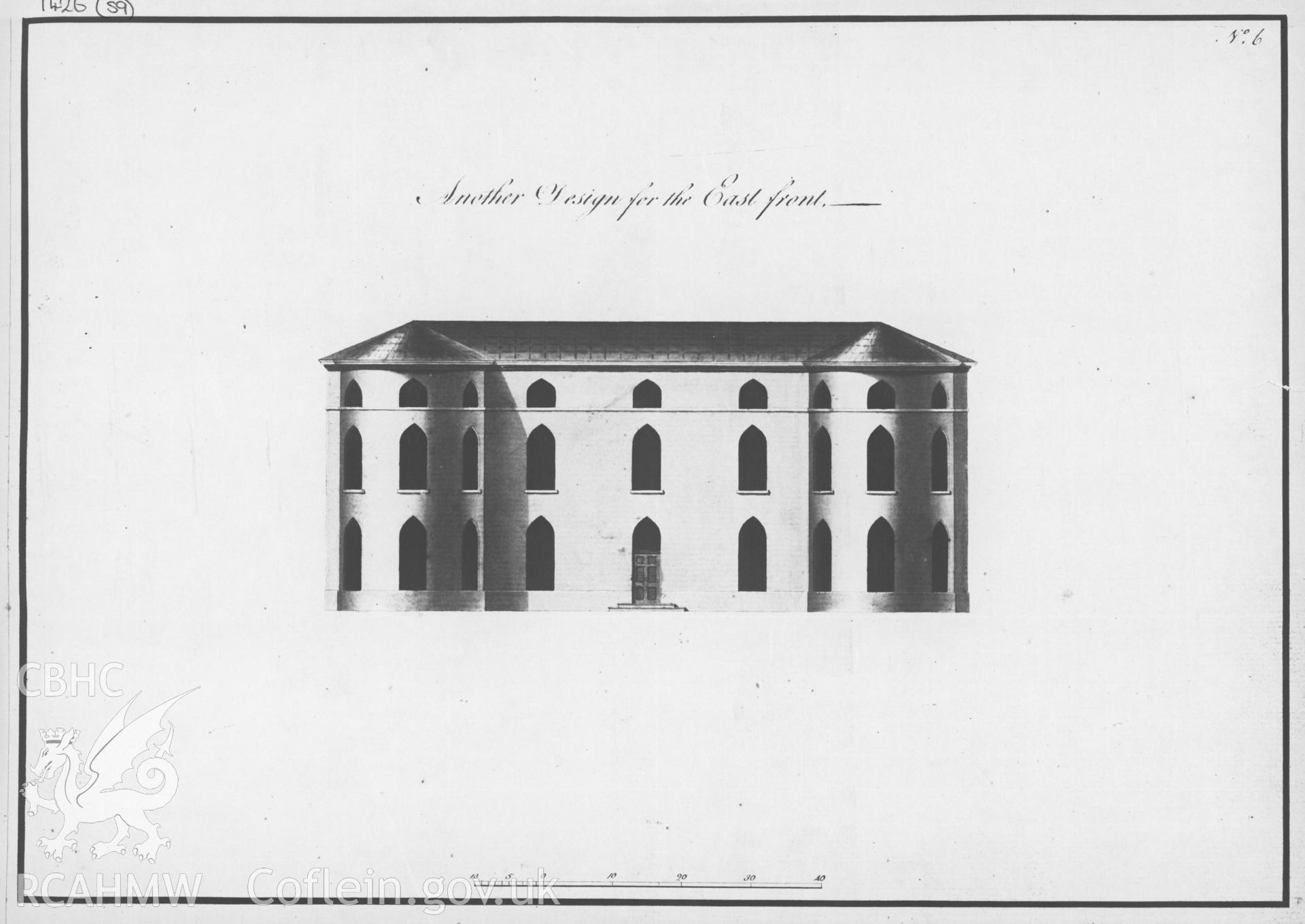 Digital copy of a 1762 drawing by Samuel Wyatt showing alternative design for the east front elevation of Penrhyn Castle, Llandegai.