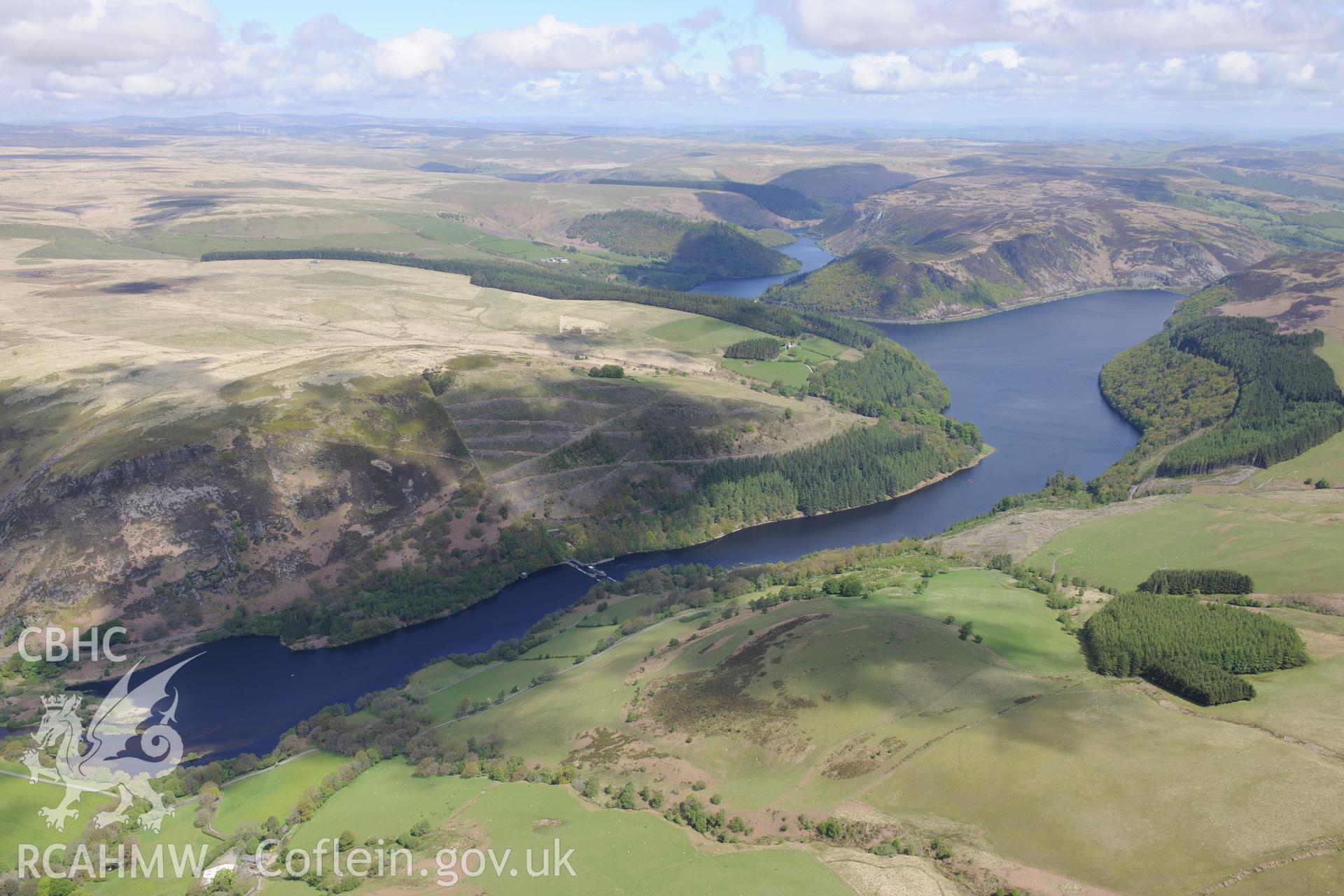 Caban Coch Reservoir, Elan Valley Water Scheme. Oblique aerial photograph taken during the Royal Commission's programme of archaeological aerial reconnaissance by Toby Driver on 3rd June 2015.