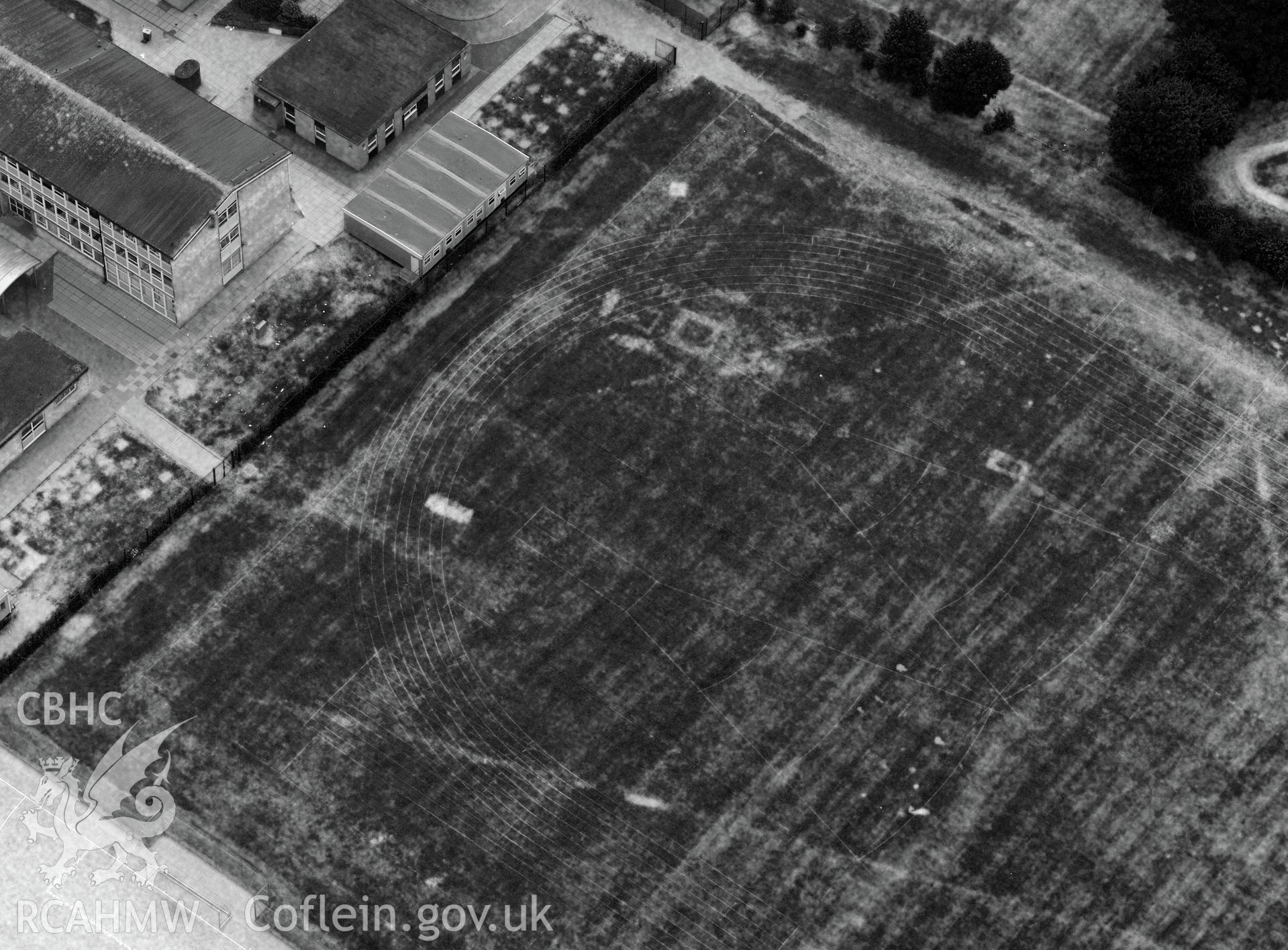 Royal Commission aerial photography of parchmarks at Caerleon School taken during drought conditions on 22nd July 2013.