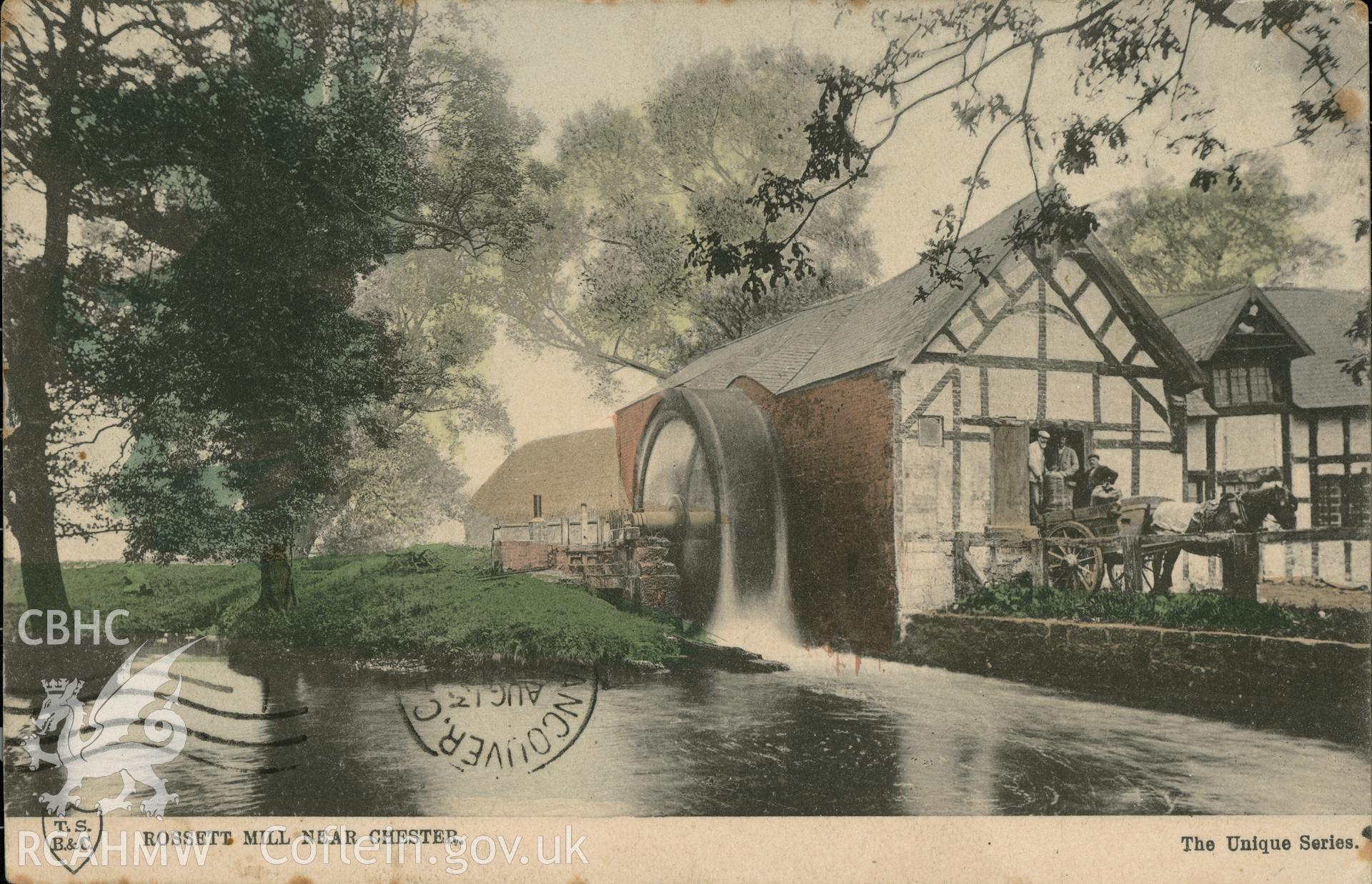 Digital copy of a postcard from the Dave Davies Collection showing a view of Rossett Corn Mill, postmark reads 1907.