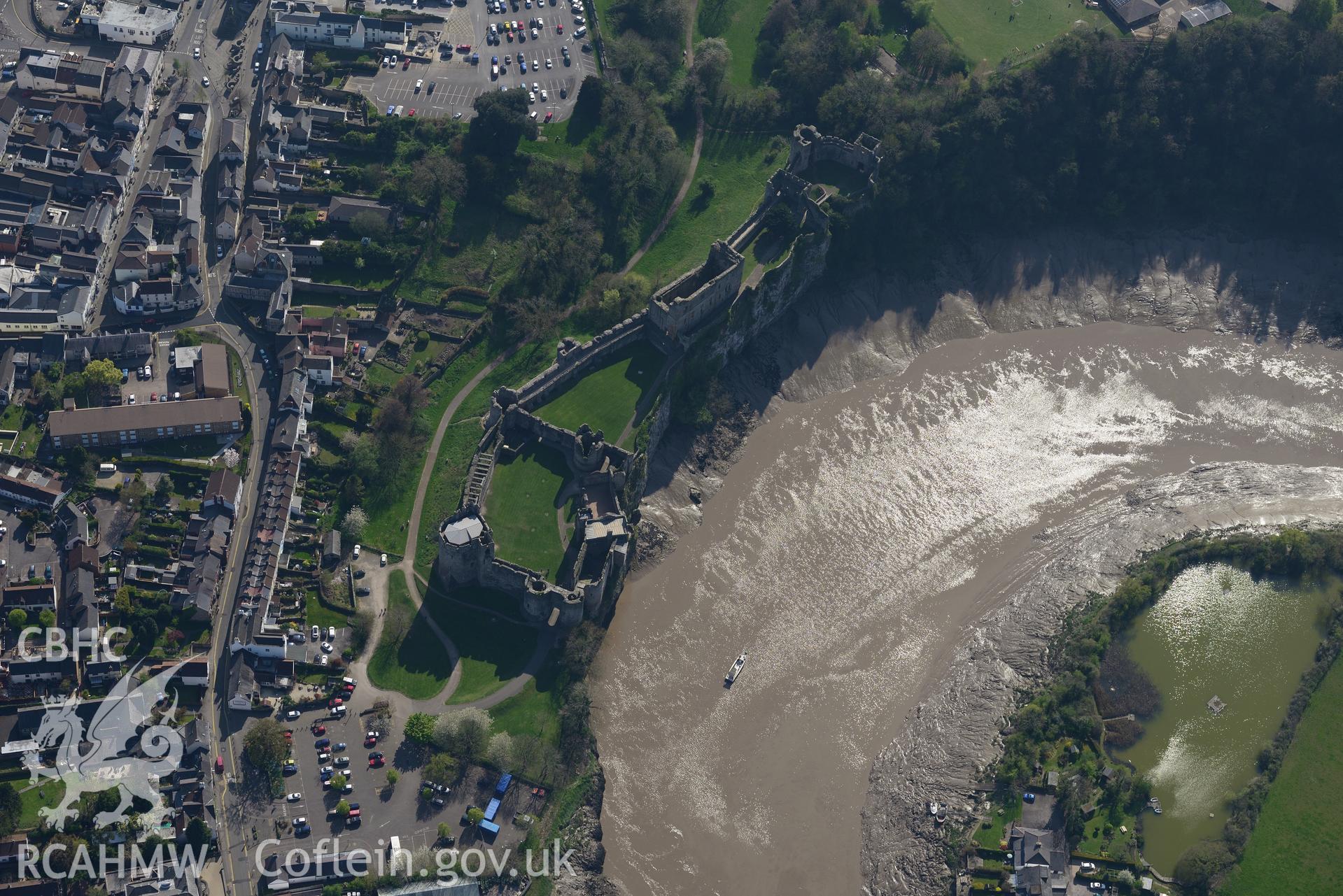 Chepstow Castle. Oblique aerial photograph taken during the Royal Commission's programme of archaeological aerial reconnaissance by Toby Driver on 21st April 2015.