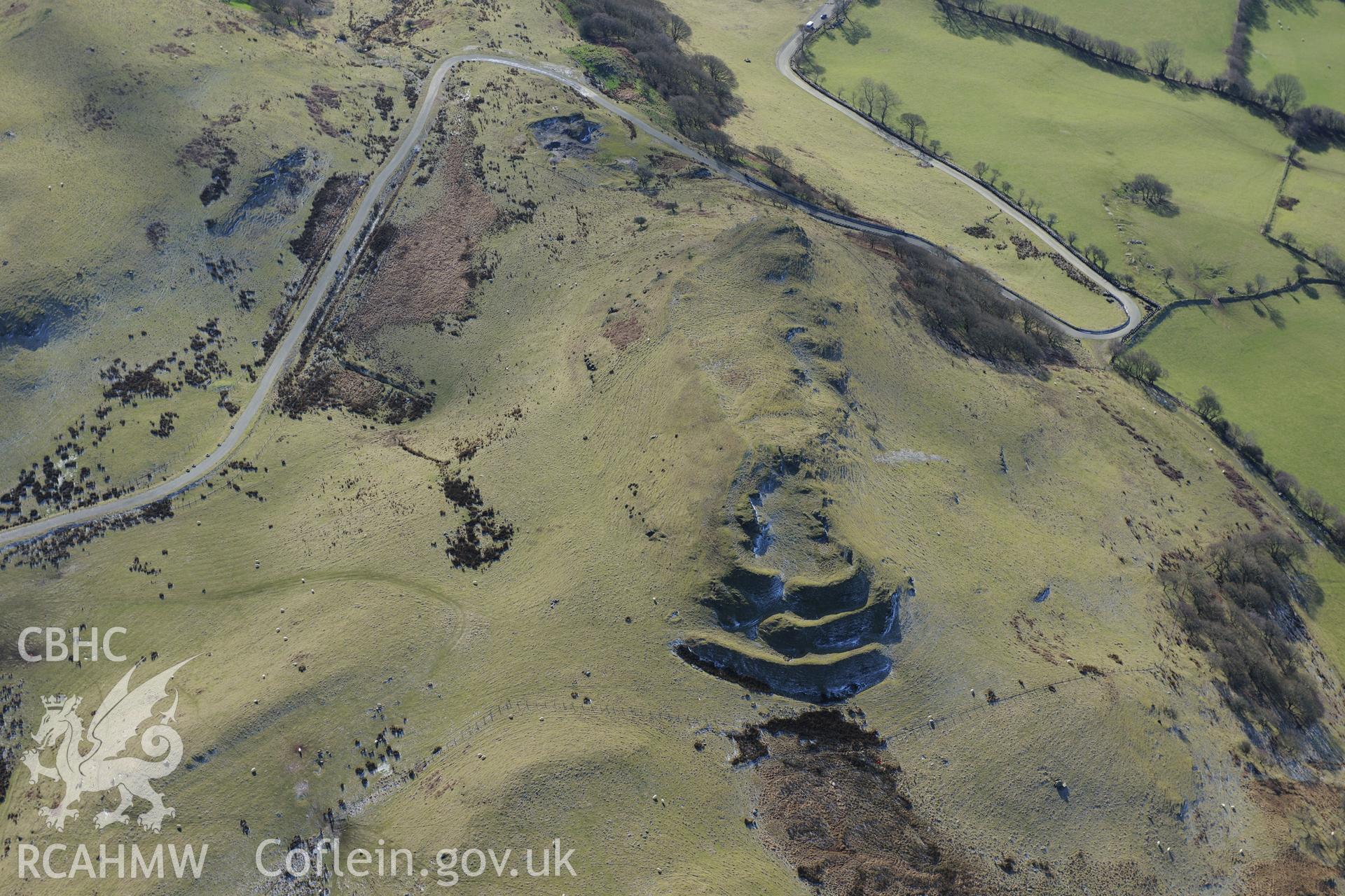 Pen-y-Bannau hillfort and the ridge and furrow surrounding it, near Strata Florida, Pontrhydfendigaid. Oblique aerial photograph taken during the Royal Commission's programme of archaeological aerial reconnaissance by Toby Driver on 4th February 2015.