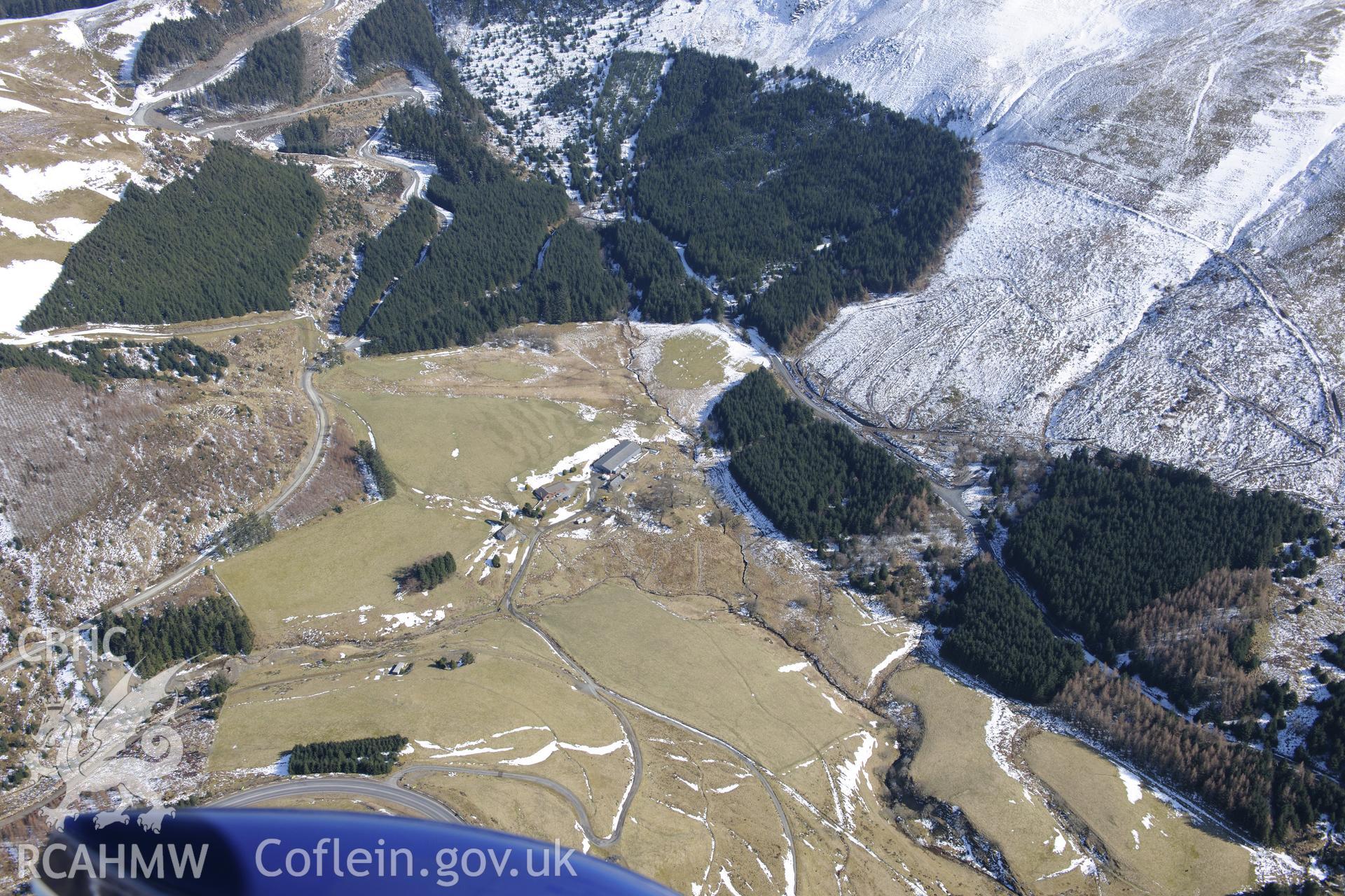 Esgair Lle lead mine, east of Ponterwyd. Oblique aerial photograph taken during the Royal Commission's programme of archaeological aerial reconnaissance by Toby Driver on 2nd April 2013.