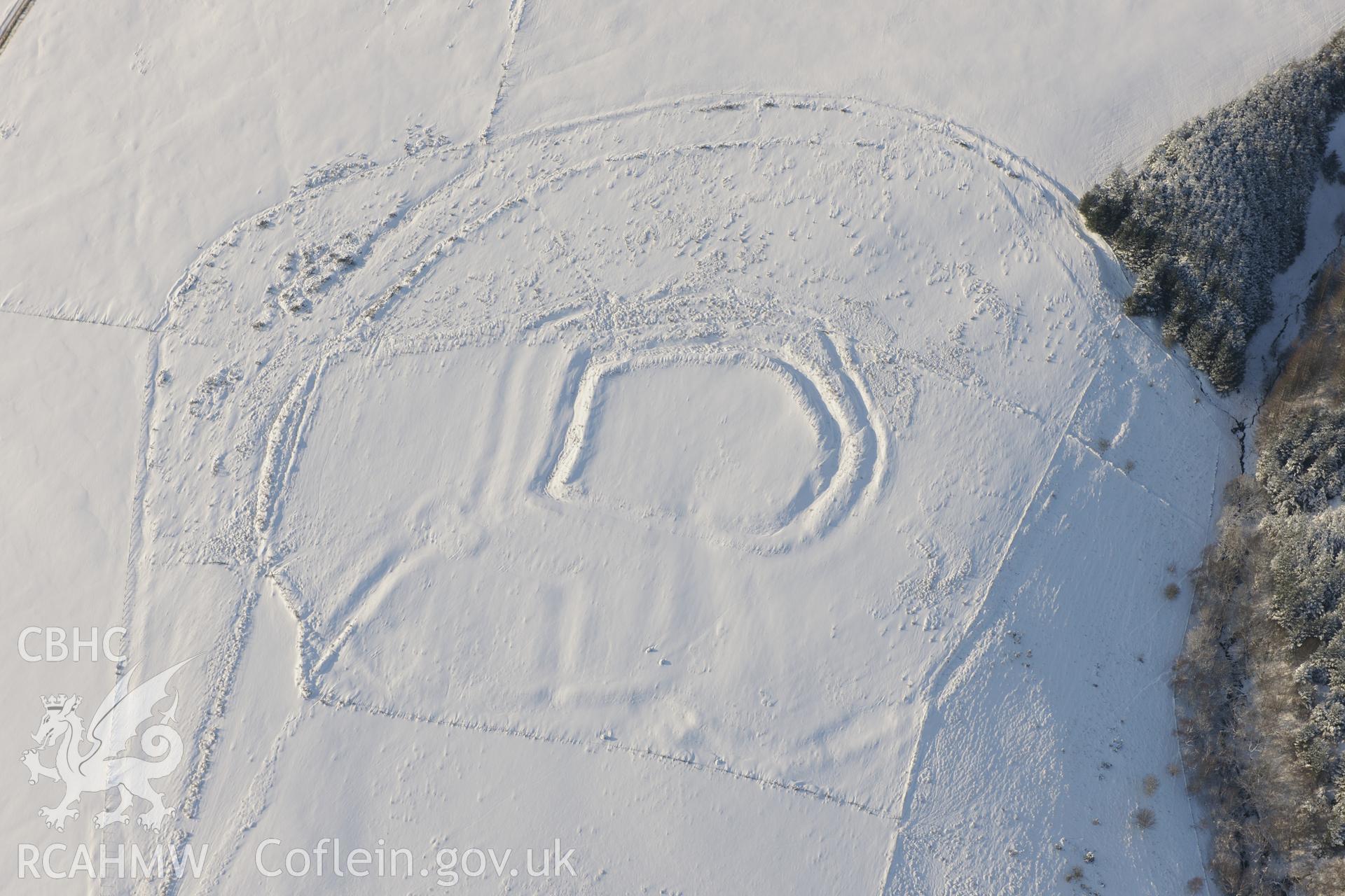 Y Bwlwarcau hillfort, on the eastern edge of Margam Forest, south of Maesteg. Oblique aerial photograph taken during the Royal Commission?s programme of archaeological aerial reconnaissance by Toby Driver on 24th January 2013.