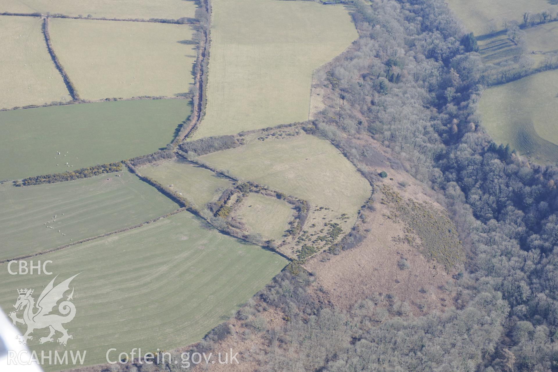 Castell Aberdeuddwr, west of Llwyndafydd, New Quay. Oblique aerial photograph taken during the Royal Commission's programme of archaeological aerial reconnaissance by Toby Driver on 2nd April 2013.