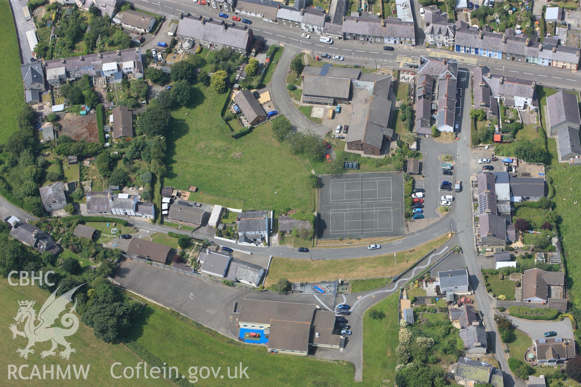 Seilo Welsh Independent Chapel in the village of Llanon. Oblique aerial photograph taken during the Royal Commission?s programme of archaeological aerial reconnaissance by Toby Driver on  12th July 2013.