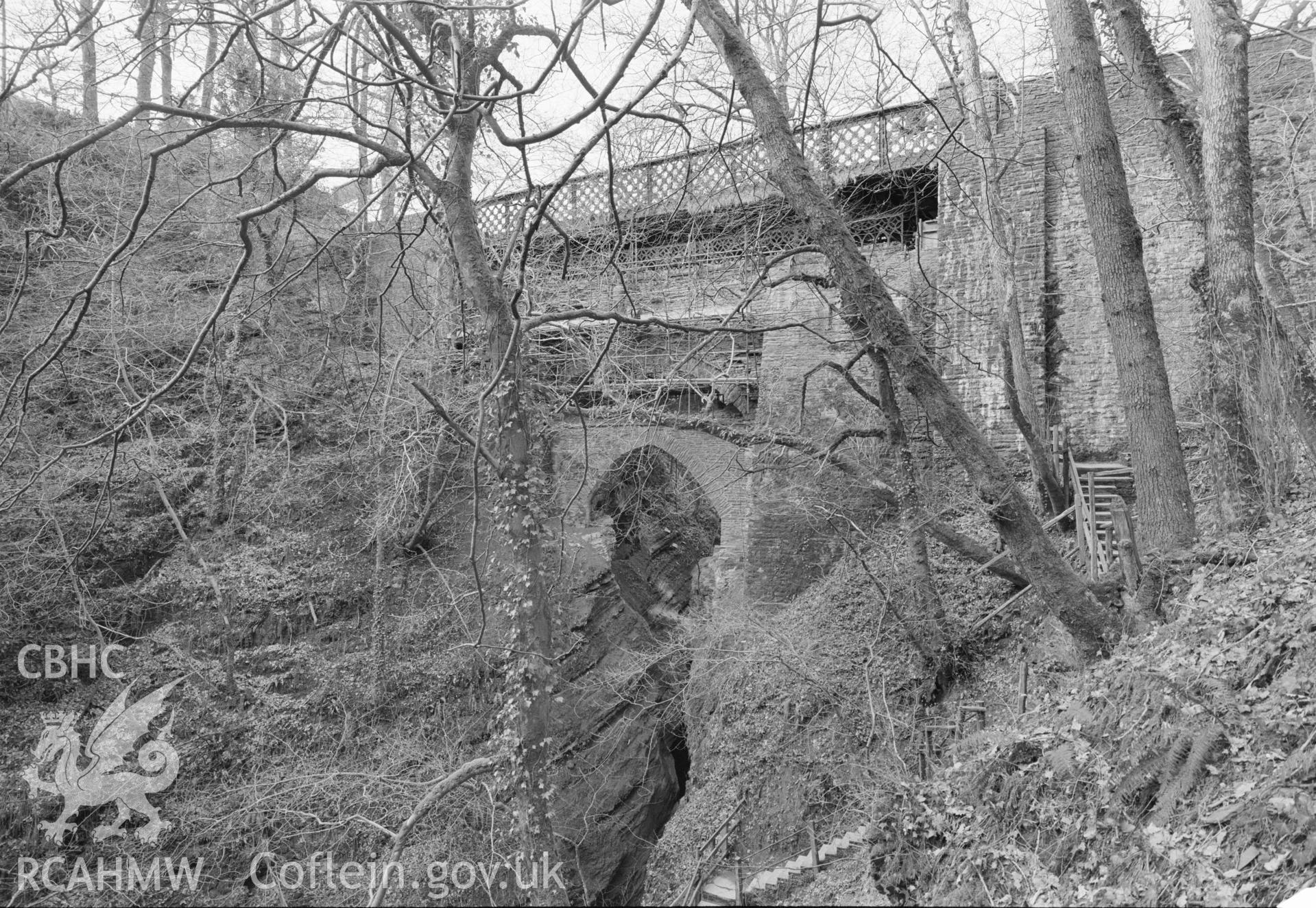 Digital copy of a black and white nitrate negative showing a view of Devils Bridge, taken by RCAHMW, undated.