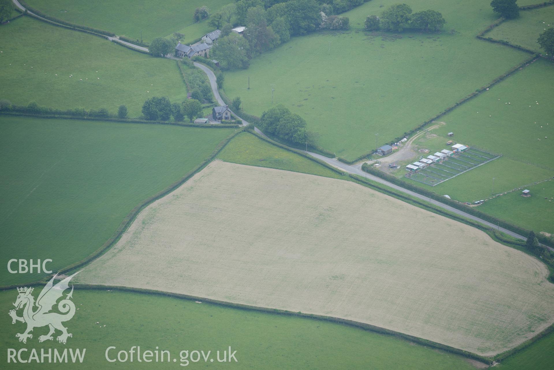 Tower Hill round barrow, Cilmeri. Oblique aerial photograph taken during the Royal Commission's programme of archaeological aerial reconnaissance by Toby Driver on 11th June 2015.