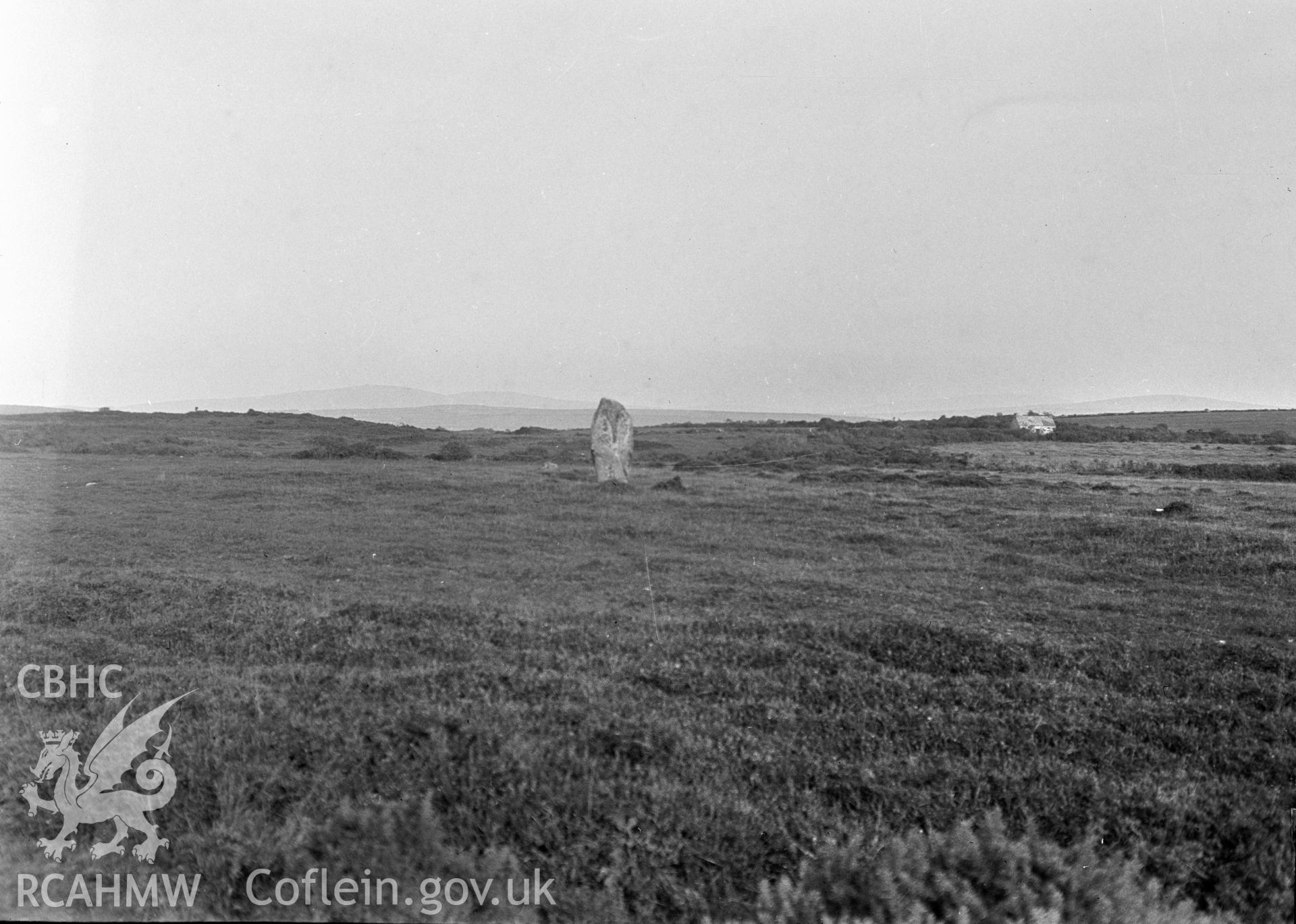 Digital copy of a nitrate negative showing view of Rhos y Clegyrn stone circles, Pembrokeshire taken by Leonard Monroe.